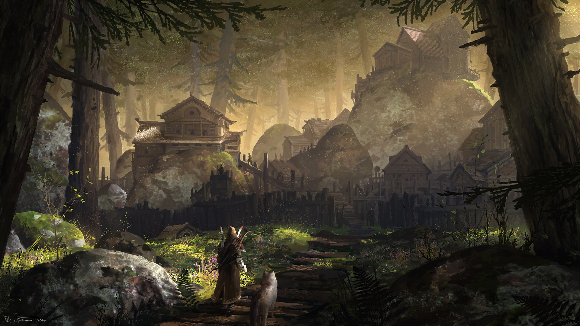 Download mobile wallpaper Fantasy, City, Forest, Village, Wolf, Warrior for free.