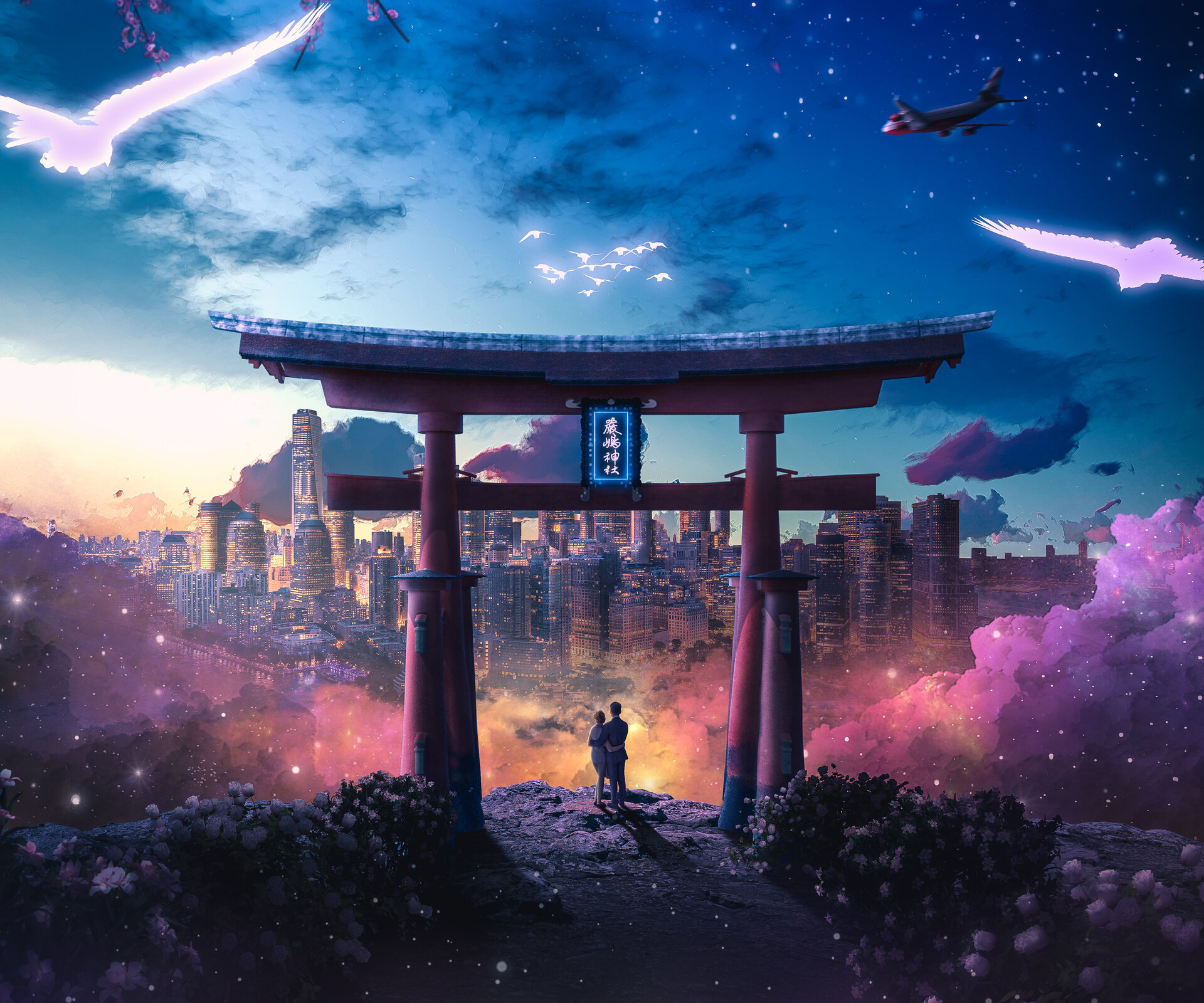 Download mobile wallpaper City, Couple, Sci Fi, Torii for free.