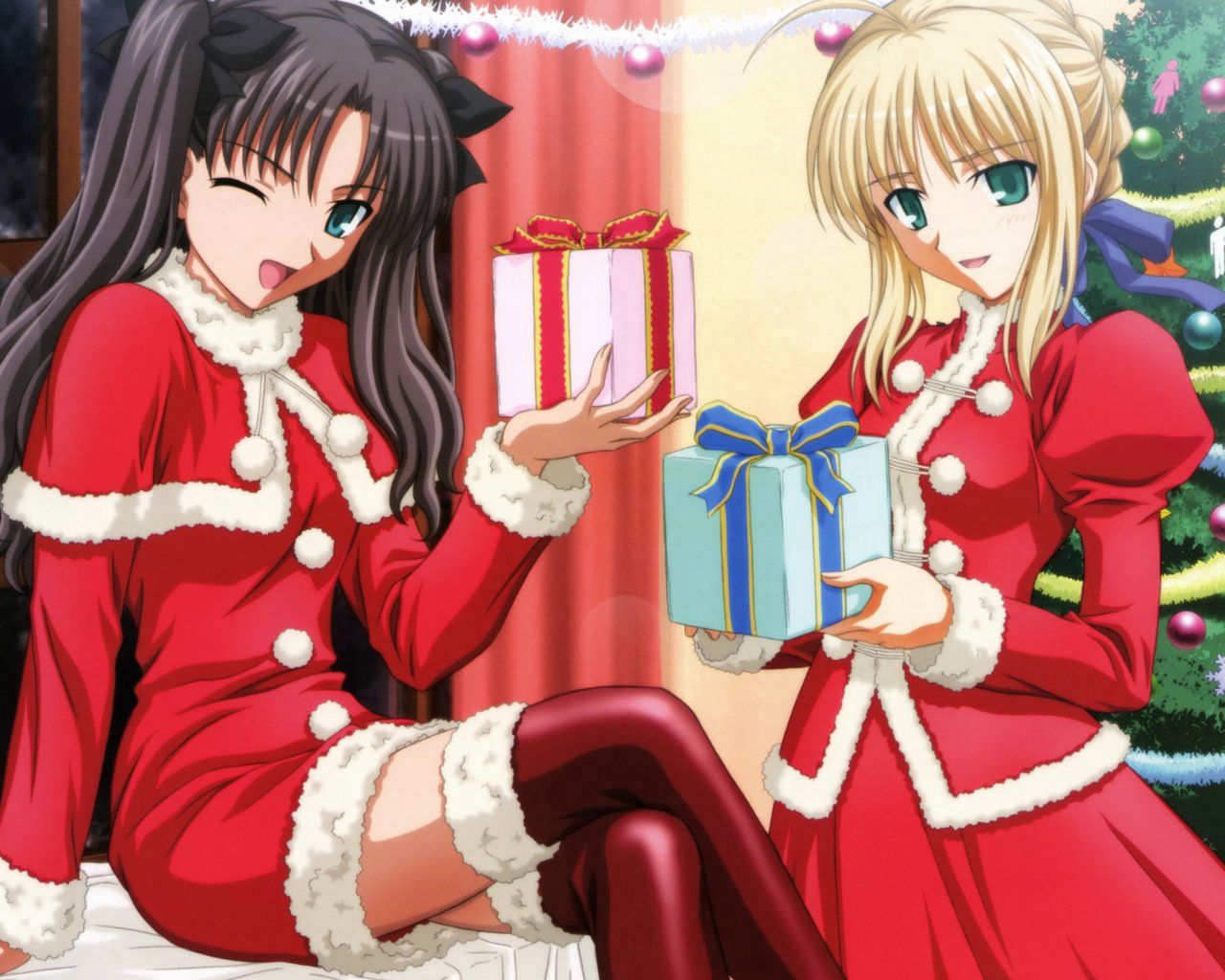 Download mobile wallpaper Christmas, Presents, Gifts, New Year, Holidays, Girls, Anime for free.