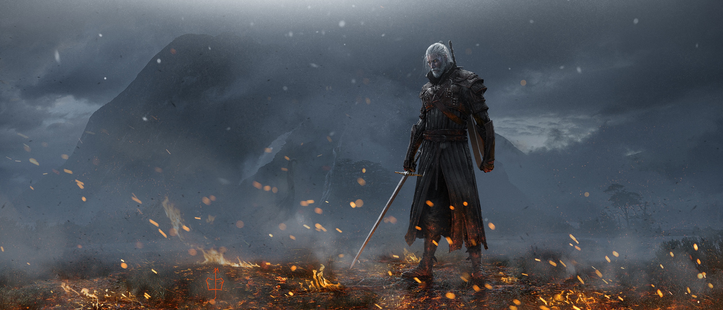 Handy-Wallpaper Feuer, Krieger, Schwert, Computerspiele, Weißes Haar, Der Hexer, Geralt Von Riva, The Witcher 3: Wild Hunt kostenlos herunterladen.