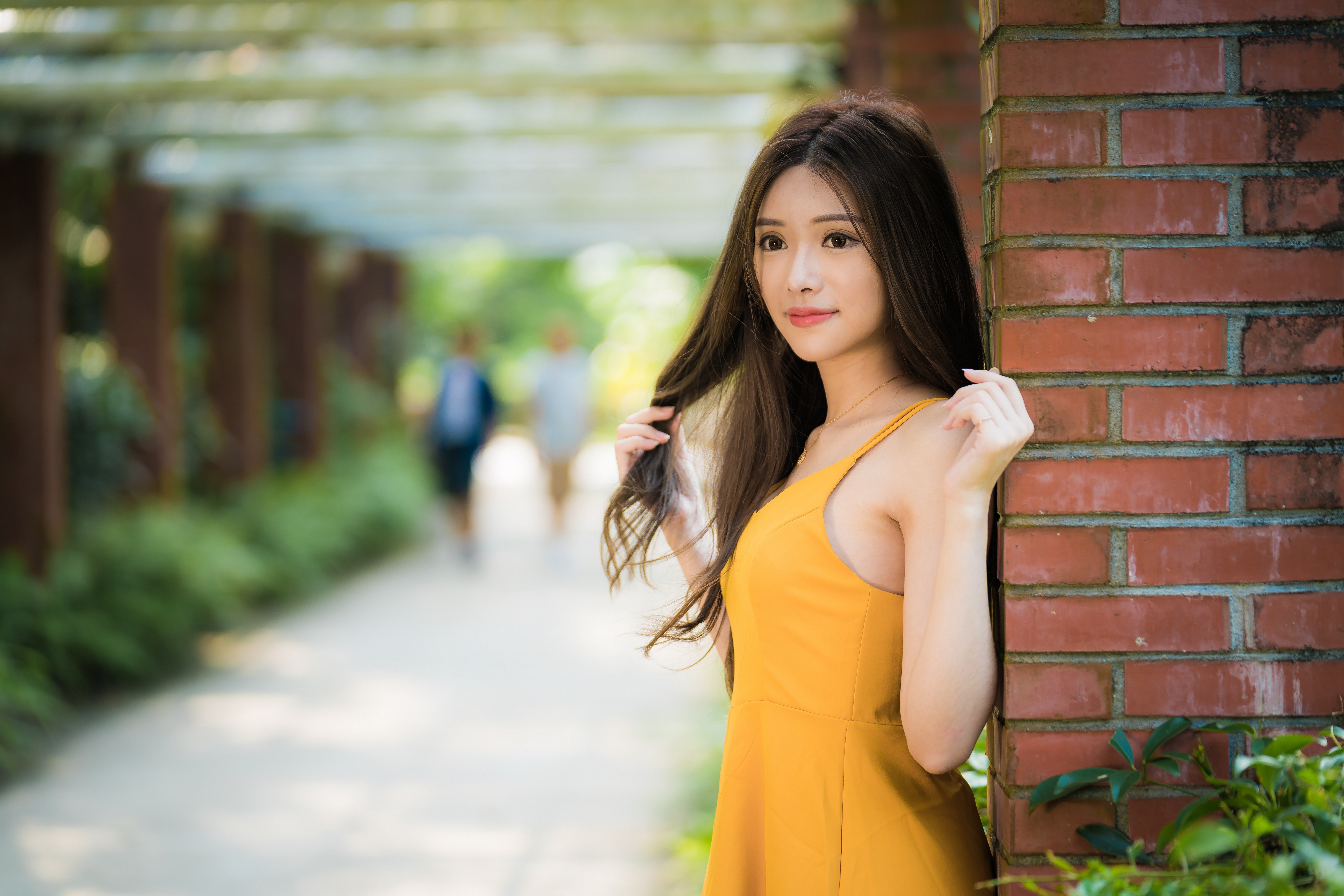 Download mobile wallpaper Brunette, Model, Women, Yellow Dress, Asian, Depth Of Field for free.