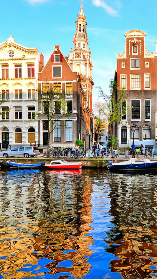 Download mobile wallpaper Cities, House, Boat, Netherlands, Amsterdam, Man Made, Canal for free.