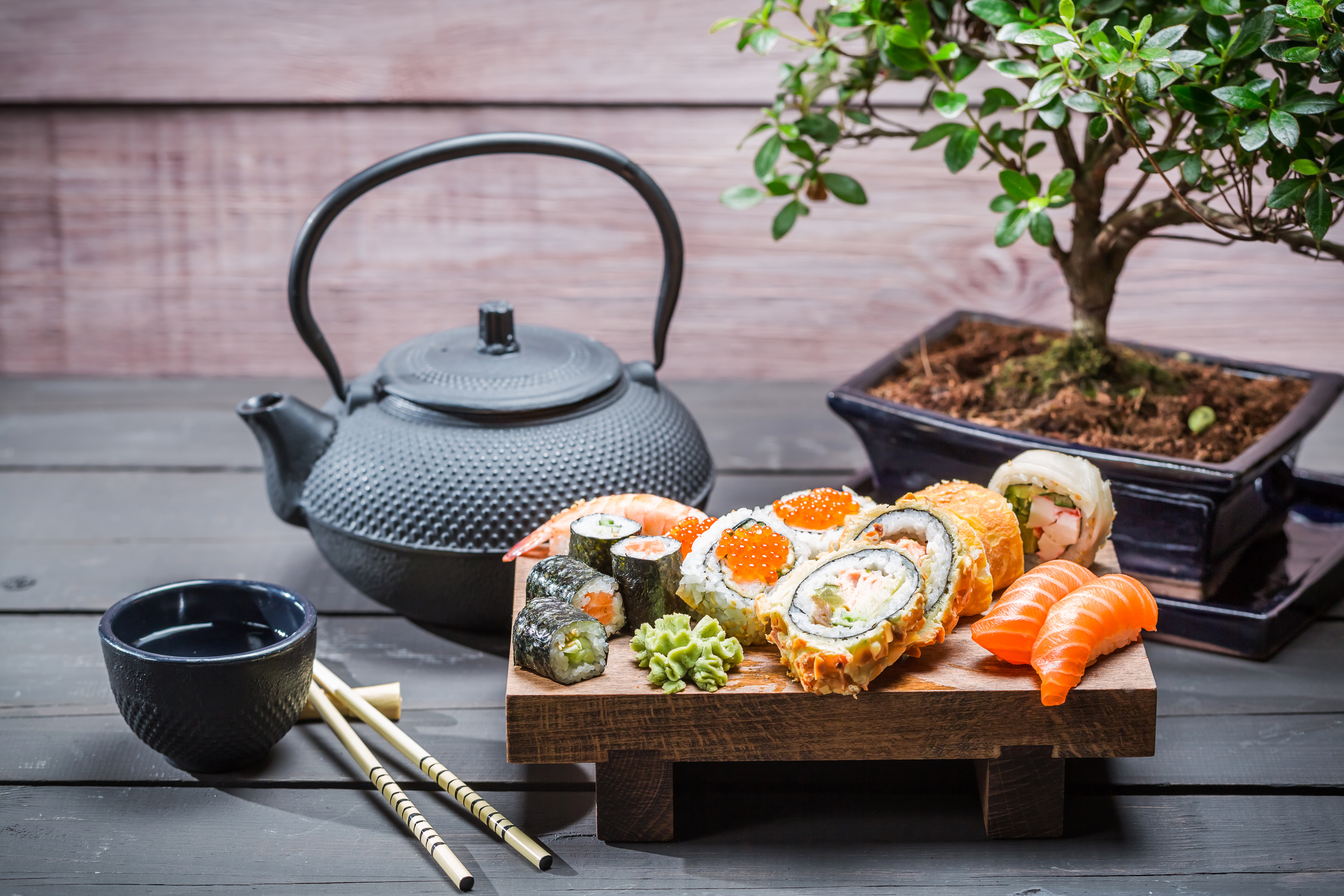 food, sushi, bonsai, fish, seafood, still life, tea