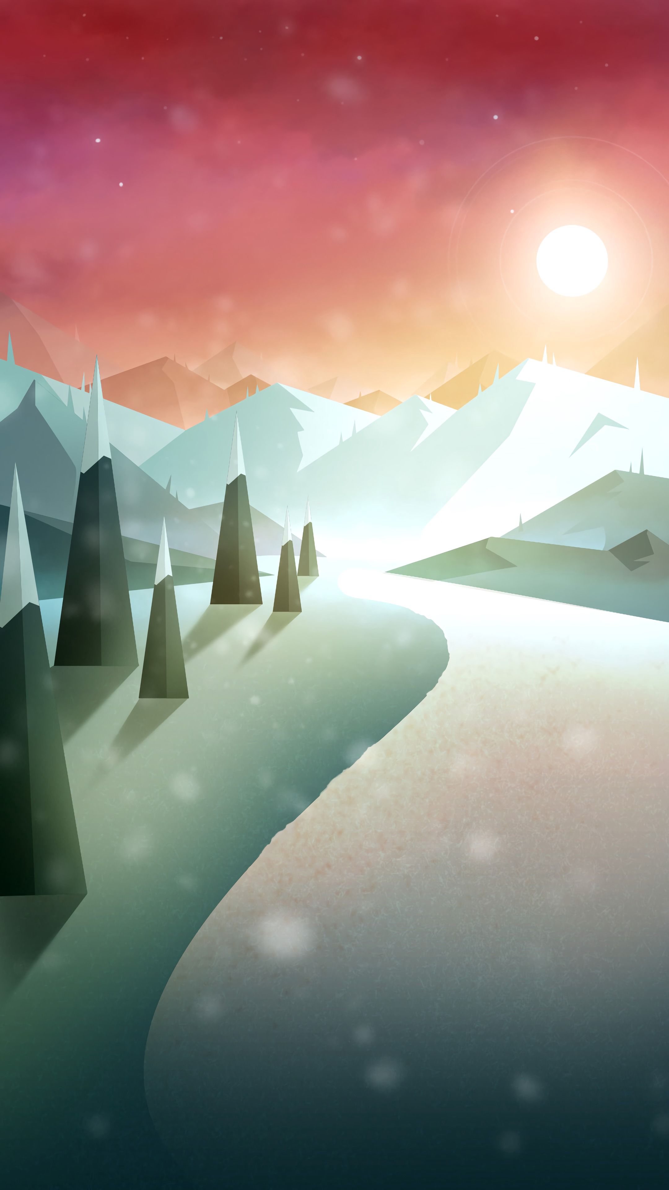 Download mobile wallpaper Sun, Snow, Mountains, Road, Art for free.