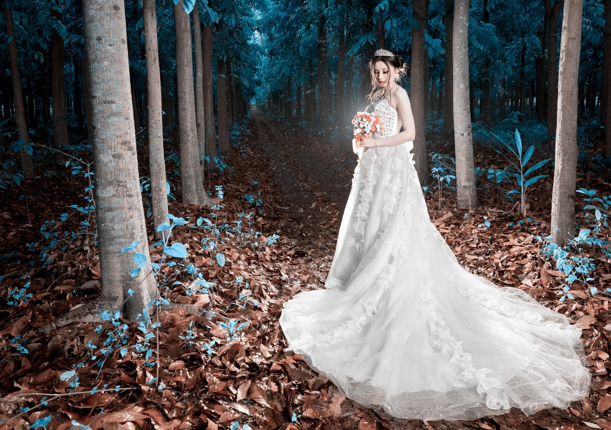 Download mobile wallpaper Nature, Forest, Fall, Path, Mood, Bride, Model, Women, Wedding Dress, White Dress for free.