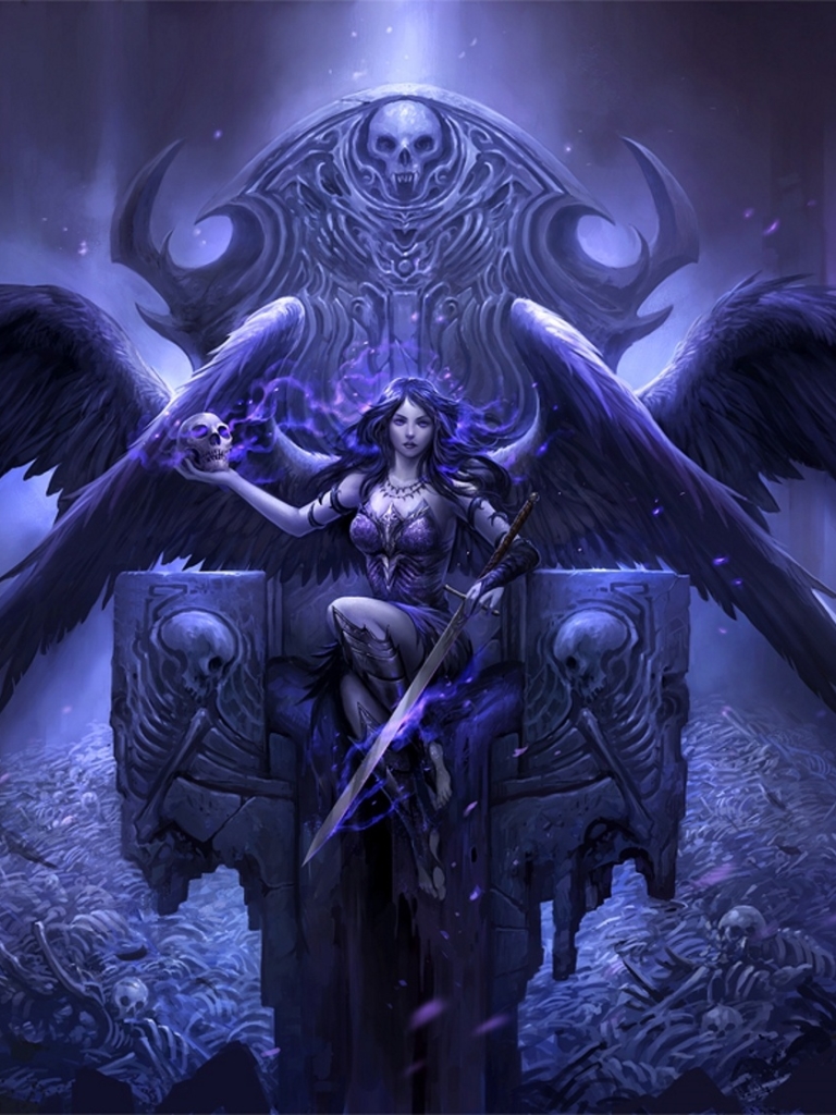 Download mobile wallpaper Fantasy, Gothic, Wings, Angel, Skull, Skeleton, Sword, Angel Warrior, Throne for free.
