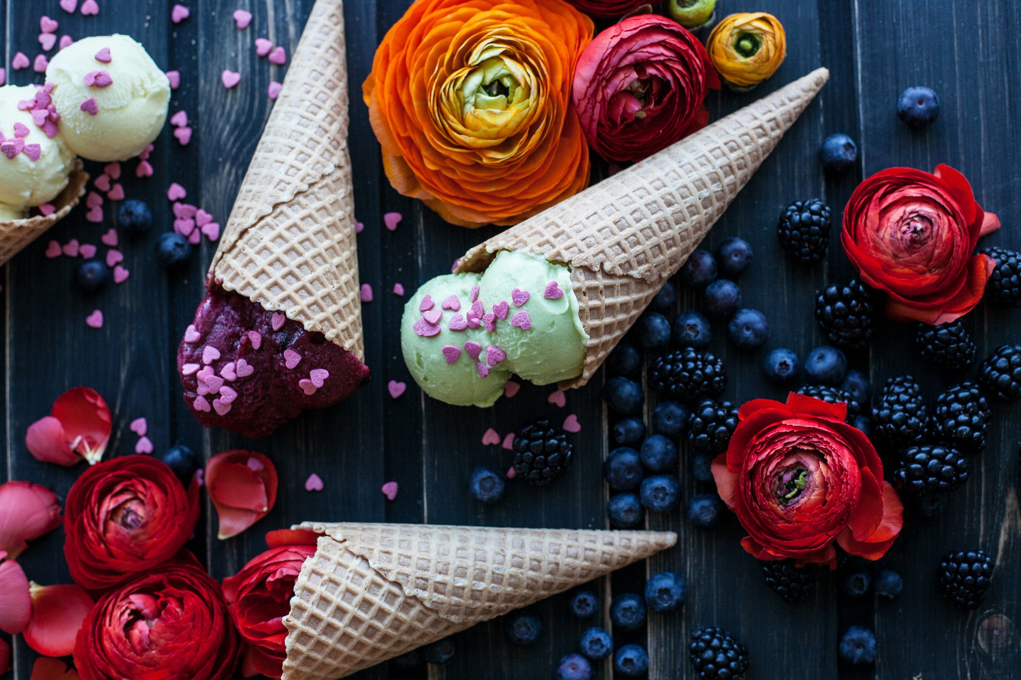 blueberry, waffle cone, ice cream, food, berry, blackberry, flower, fruit, still life