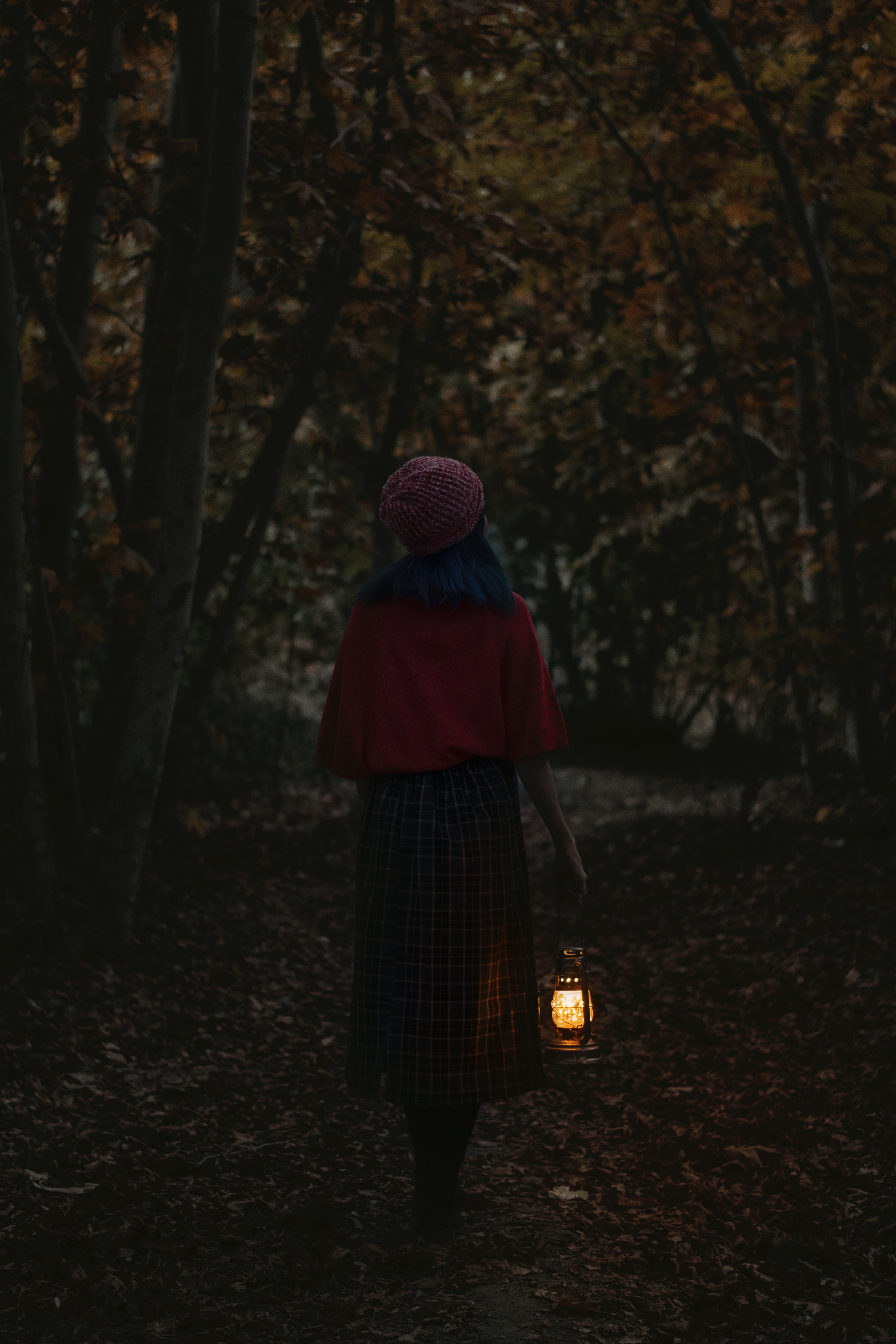 Download mobile wallpaper Miscellaneous, Forest, Miscellanea, Lantern, Lamp, Loneliness, Girl for free.