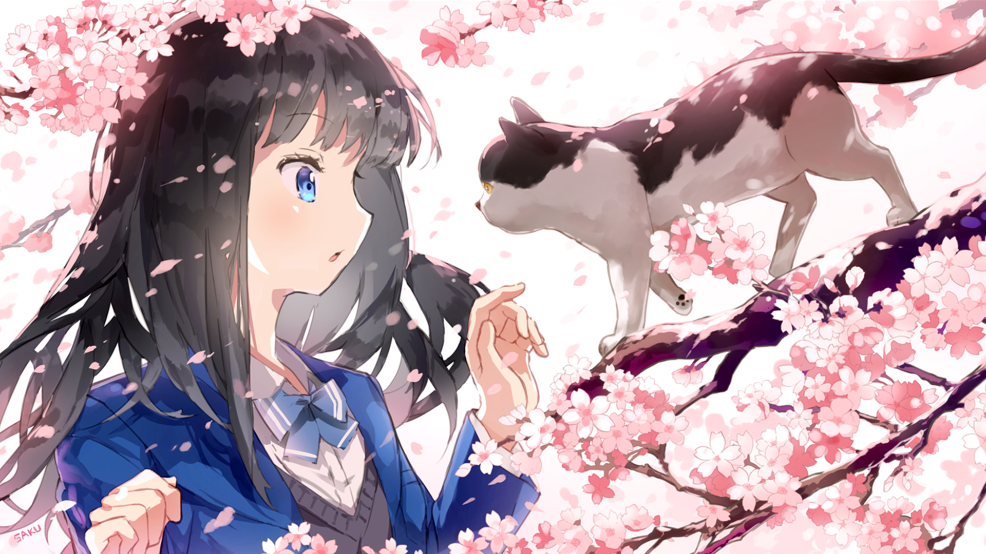 Download mobile wallpaper Anime, Cat, Girl, Blue Eyes, Blossom for free.