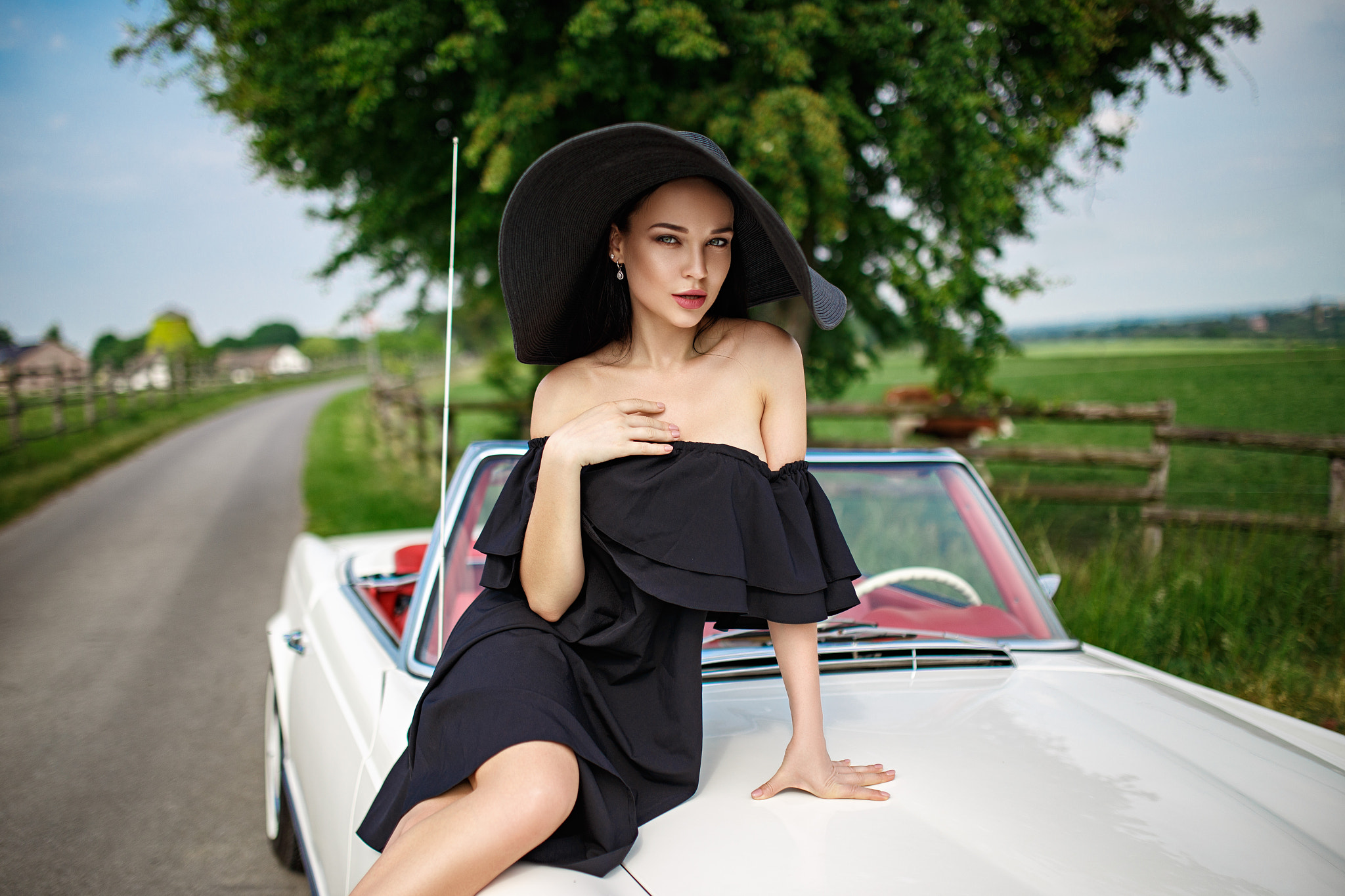 women, angelina petrova, black dress, hat, model