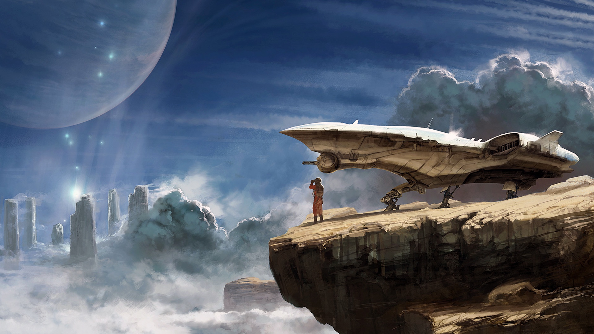 Download mobile wallpaper Landscape, Planet, Sci Fi, Spaceship, Cloud for free.