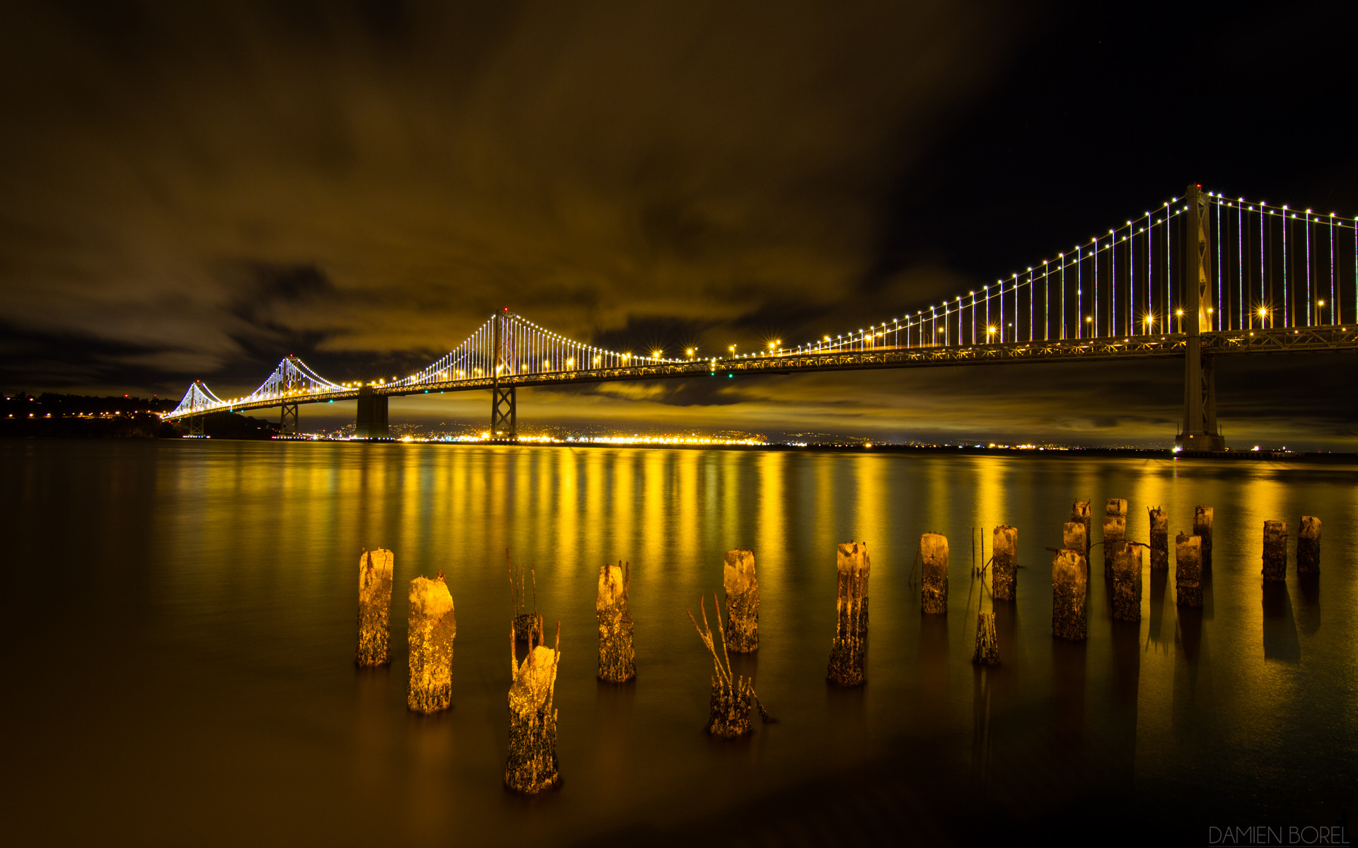 Скачать обои бесплатно Мосты, Ночь, Свет, Мост, Сан Франциско, Бэй Бридж, Сделано Человеком картинка на рабочий стол ПК