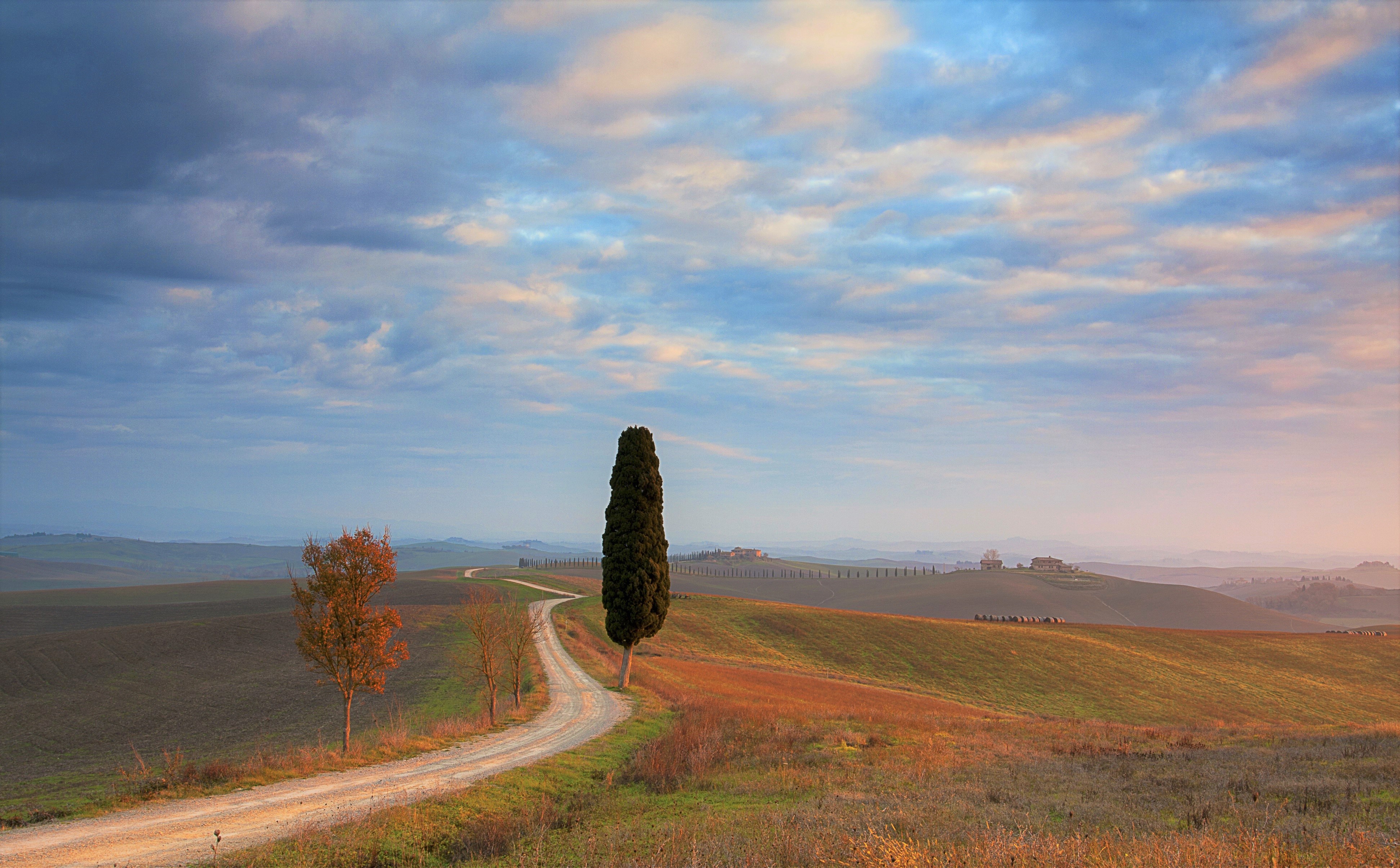Free download wallpaper Sunset, Sky, Road, Tree, Cloud, Photography, Tuscany, Dirt Road on your PC desktop