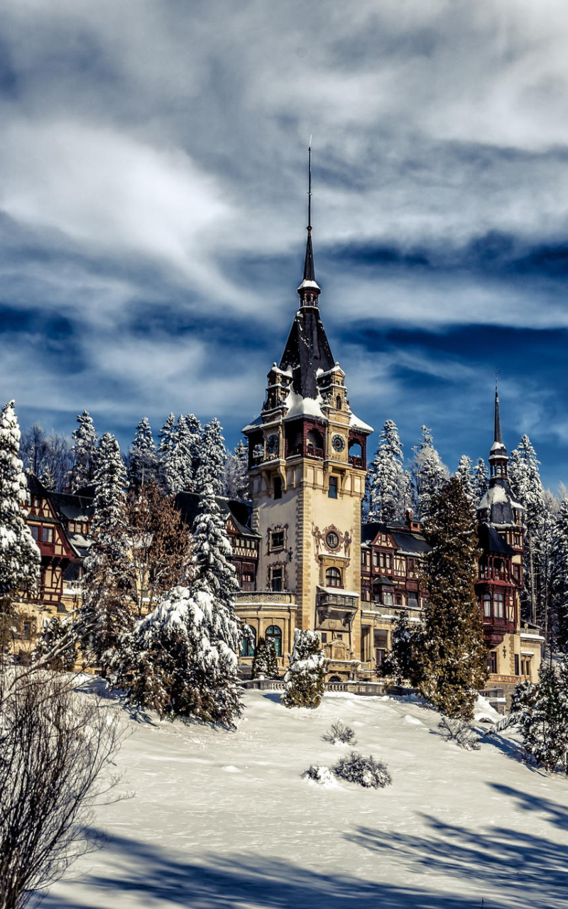 Скачати мобільні шпалери Зима, Сніг, Замки, Замок, Румунія, Створено Людиною, Замок Пелеш безкоштовно.