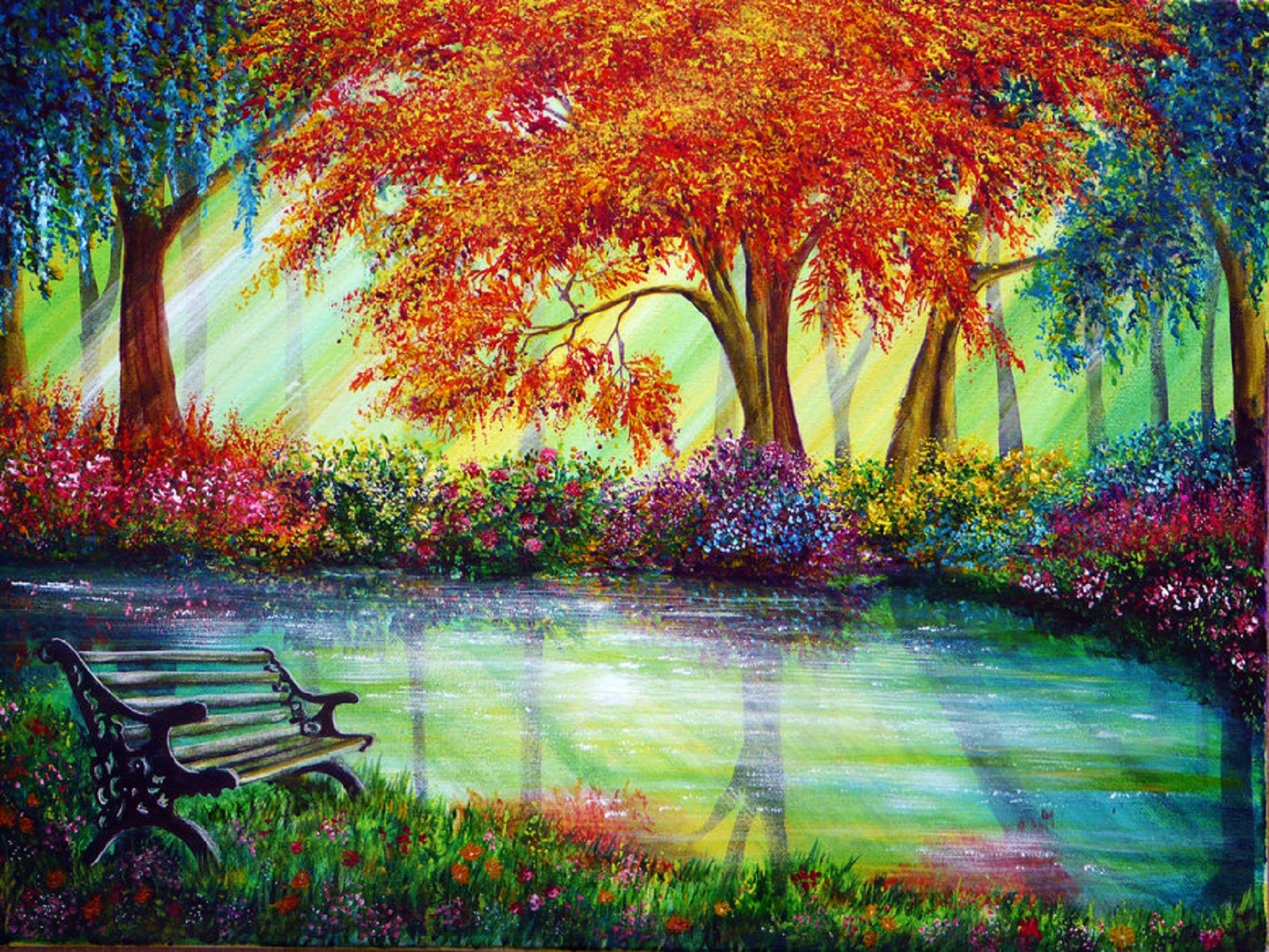 Laden Sie das Bank, Blume, Baum, Farben, Bunt, Malerei, Teich, Frühling, Künstlerisch-Bild kostenlos auf Ihren PC-Desktop herunter