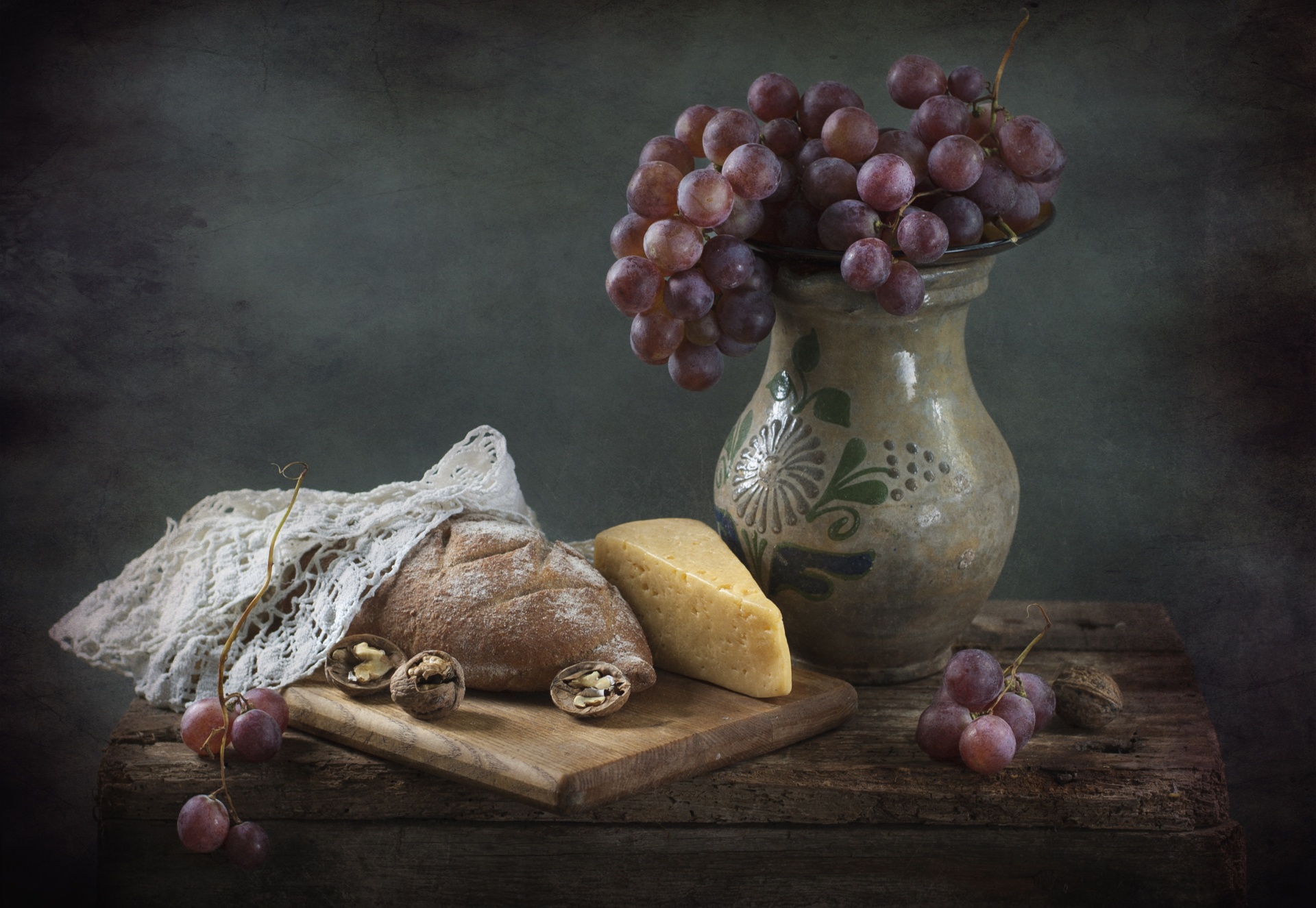 Download mobile wallpaper Cheese, Grapes, Still Life, Fruit, Bread, Photography for free.