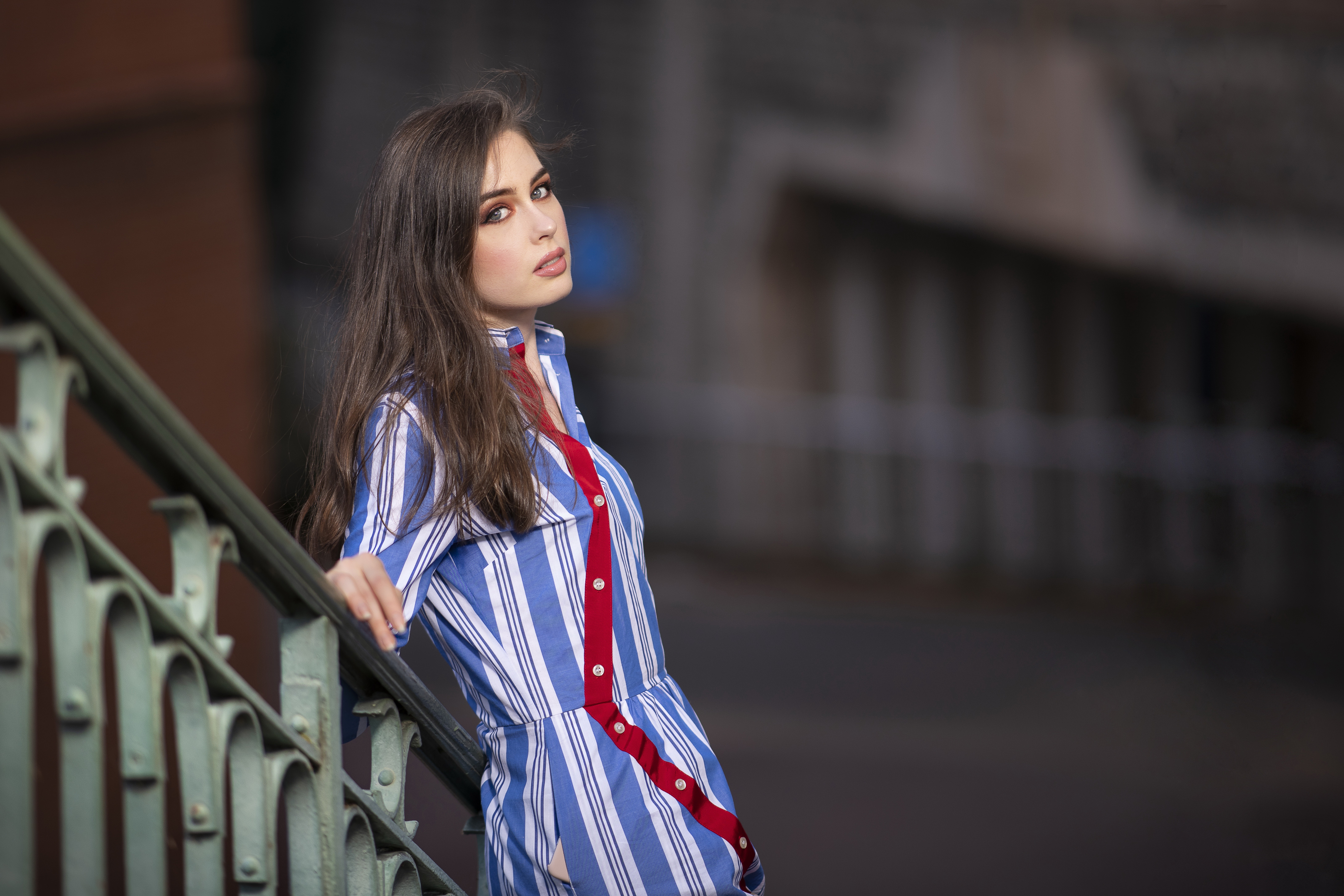 Download mobile wallpaper Brunette, Model, Women, Blue Eyes, Long Hair, Depth Of Field for free.