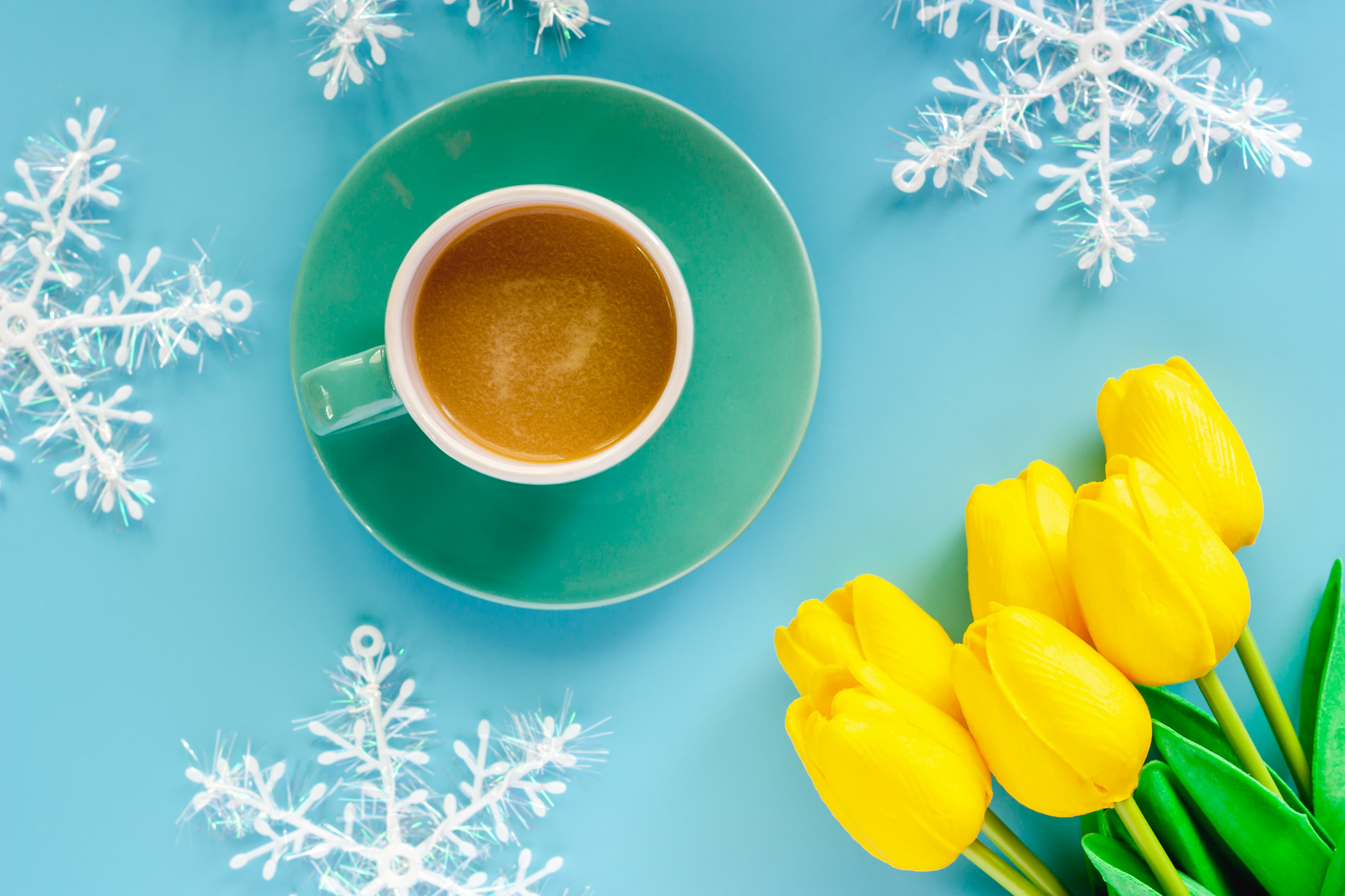 Free download wallpaper Food, Coffee, Still Life, Cup, Tulip, Snowflake on your PC desktop