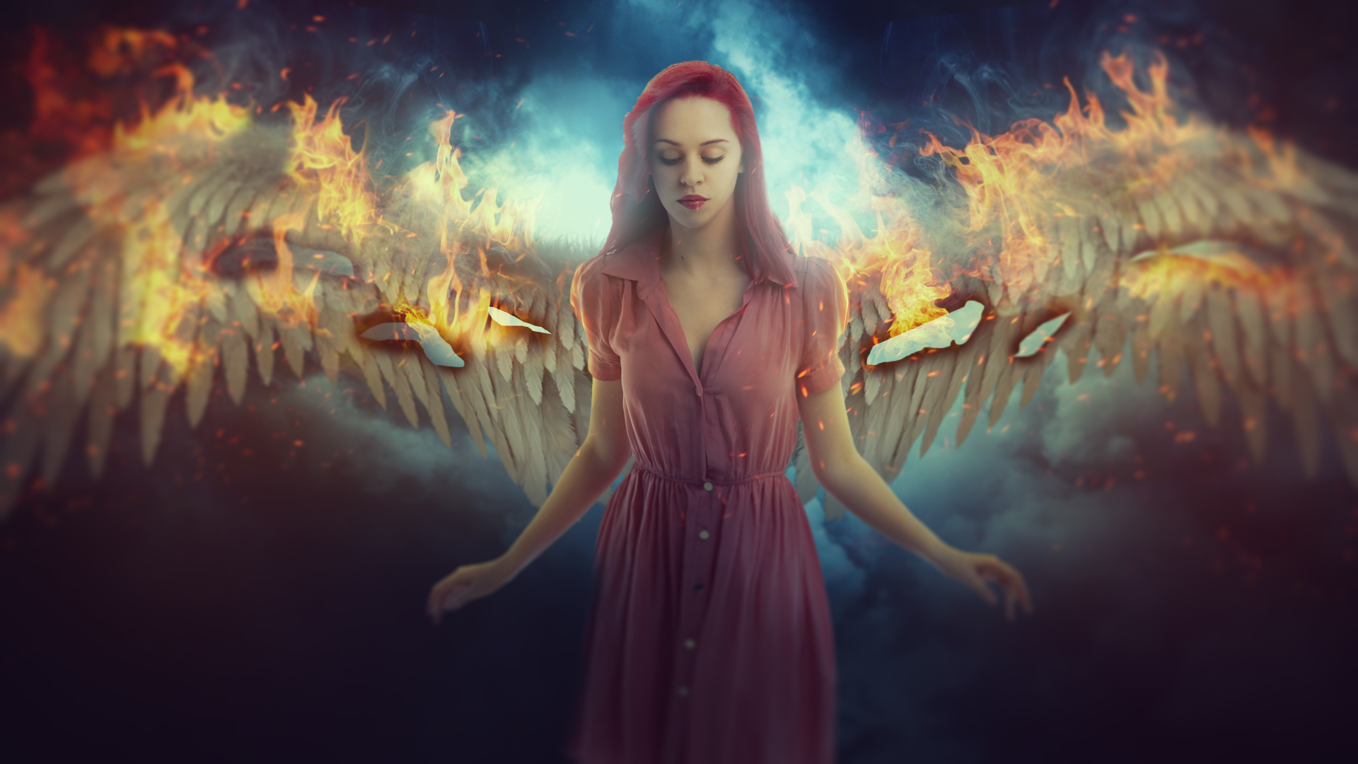 Download mobile wallpaper Fantasy, Flame, Wings, Angel, Pink Hair, Pink Dress for free.