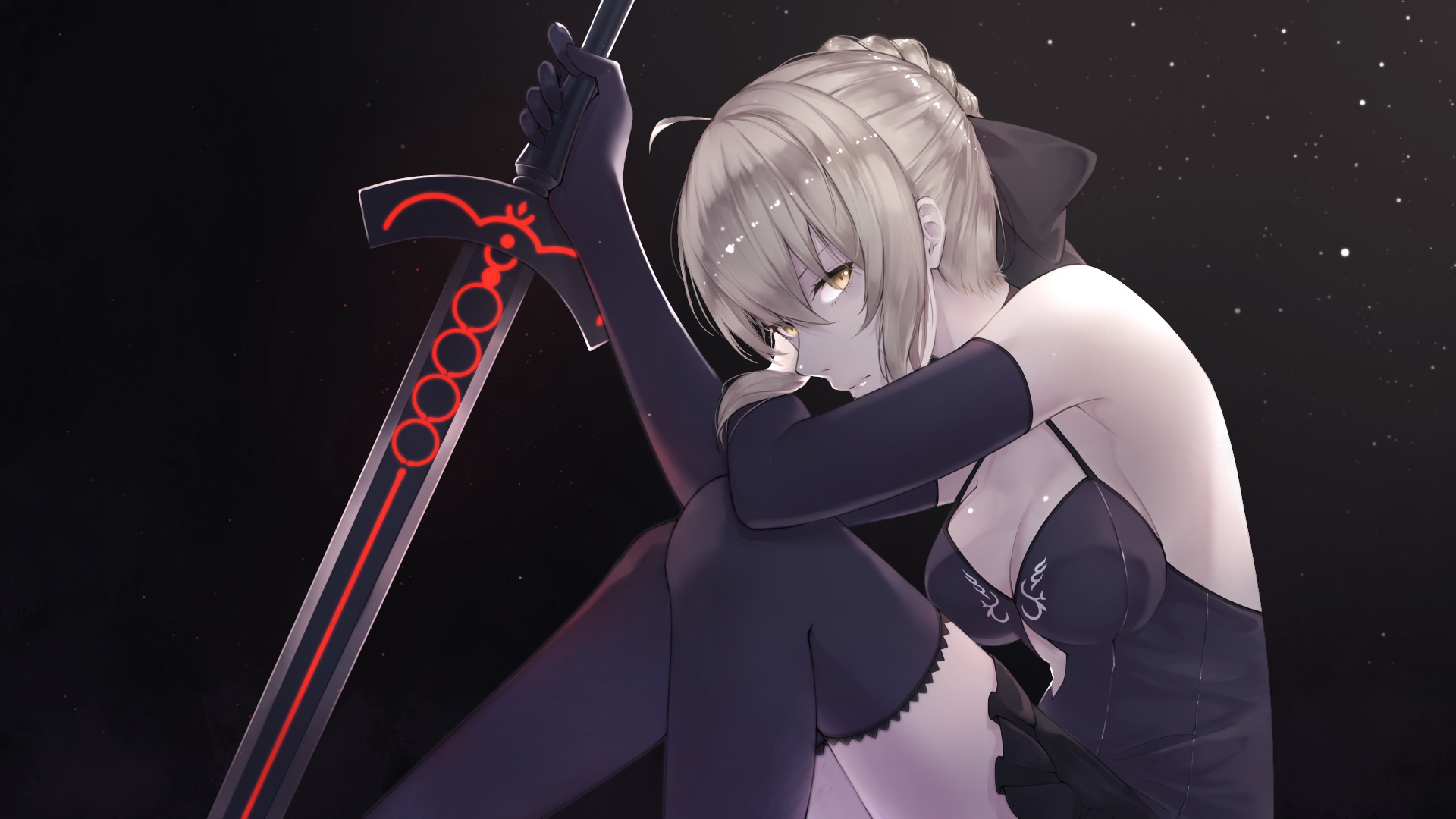 anime, fate/stay night movie: heaven's feel, blonde, fate (series), fate/stay night, glove, saber (fate series), saber alter, short hair, sword, thigh highs, weapon, yellow eyes, fate series