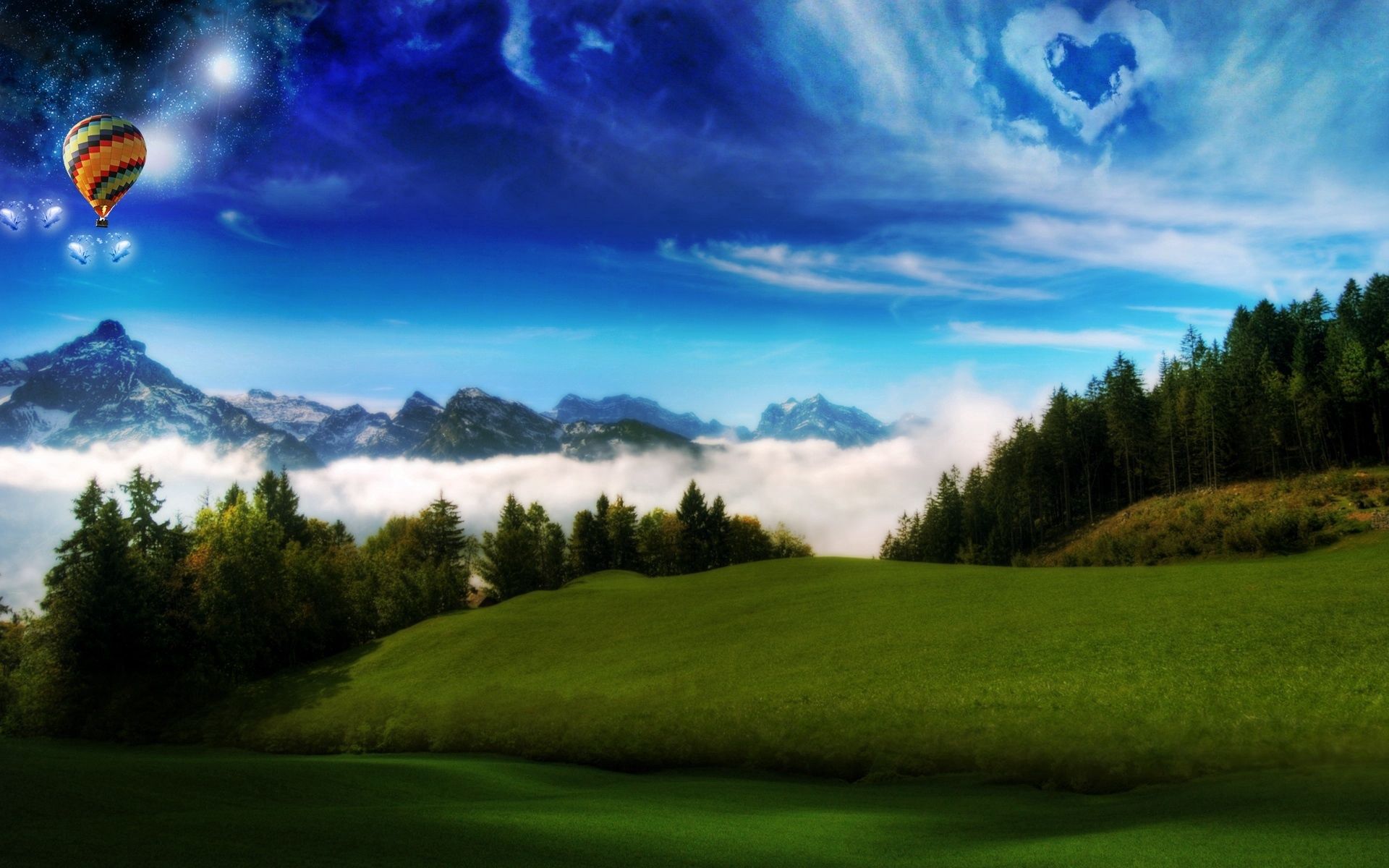 124615 descargar fondo de pantalla naturaleza, cielo, nubes, las colinas, colinas, globo, un corazón, corazón, prados, pendientes, laderas: protectores de pantalla e imágenes gratis