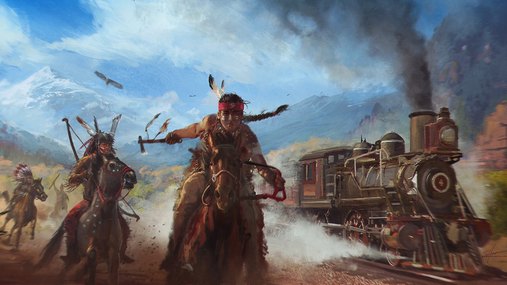 western, artistic, native american, train