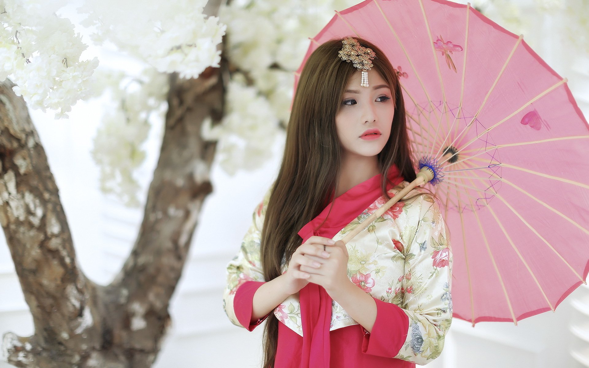 Free download wallpaper Kimono, Women, Blossom, Asian, Parasol on your PC desktop