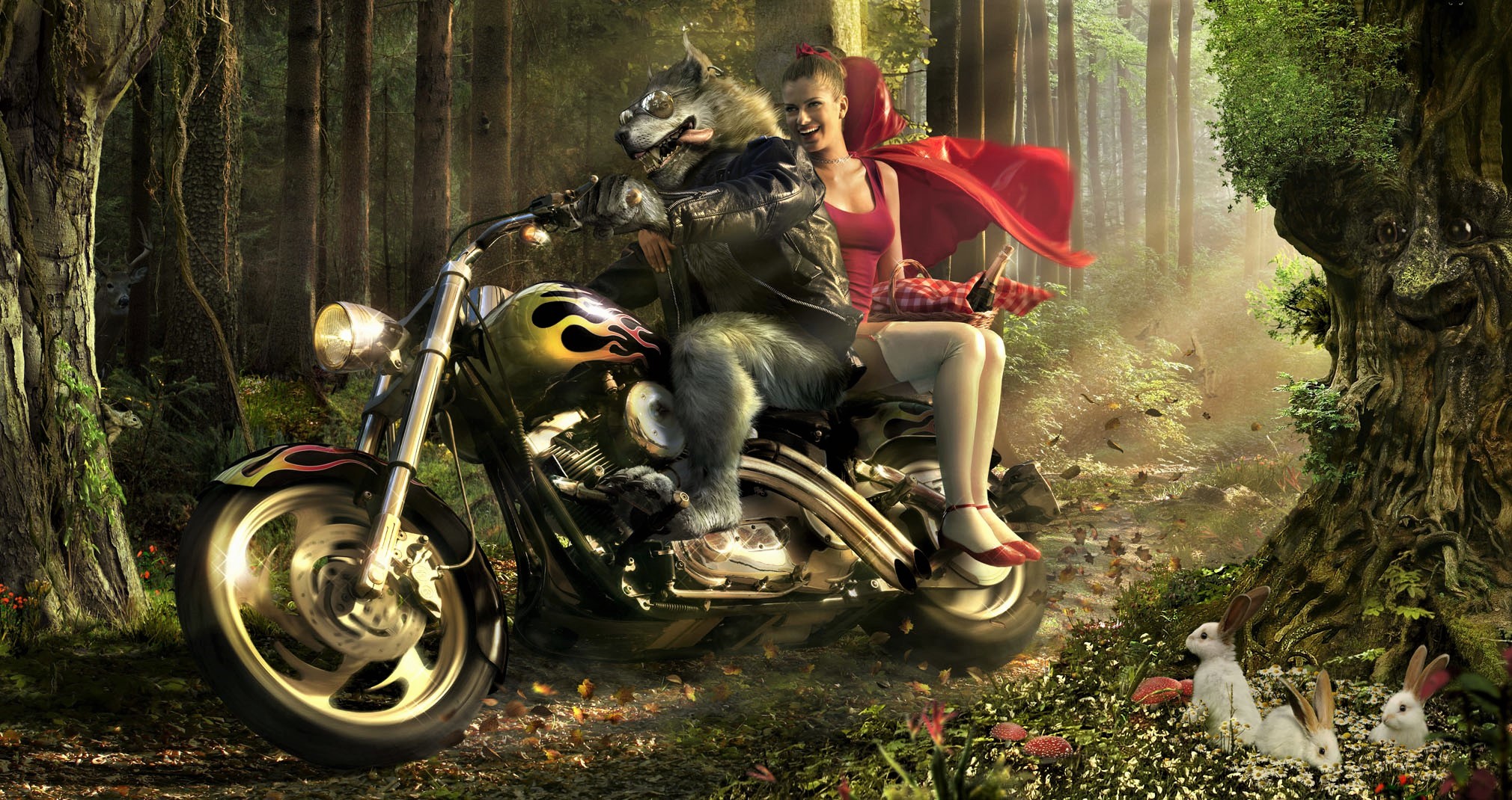 882835 завантажити картинку фантазія, червона шапочка, ліс, мотоцикл, кролик, вовк - шпалери і заставки безкоштовно