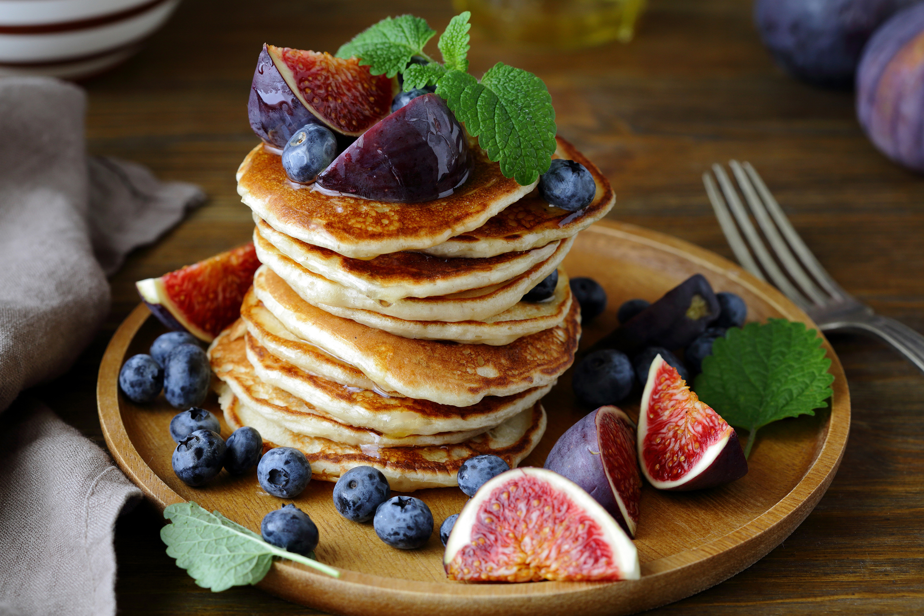Download mobile wallpaper Food, Blueberry, Plum, Fruit, Breakfast, Pancake for free.