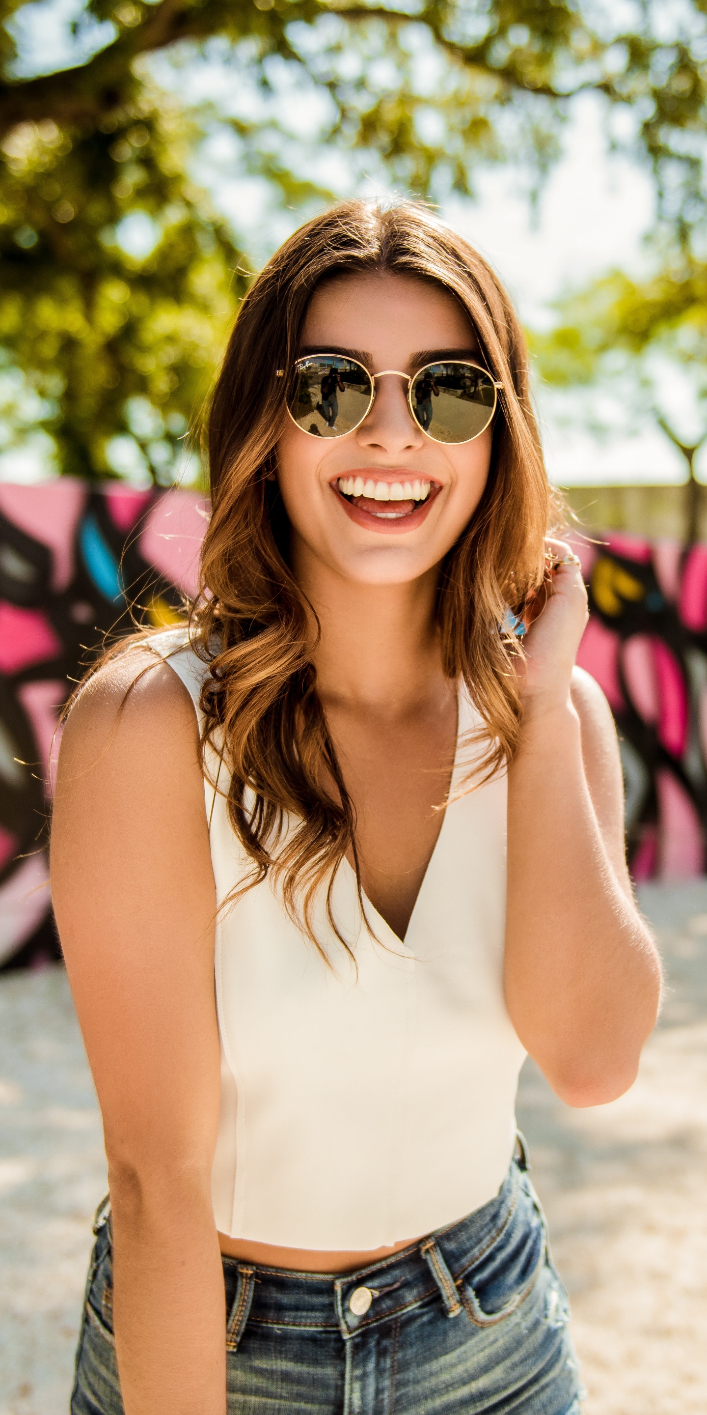 Download mobile wallpaper Smile, Sunglasses, Model, Women for free.