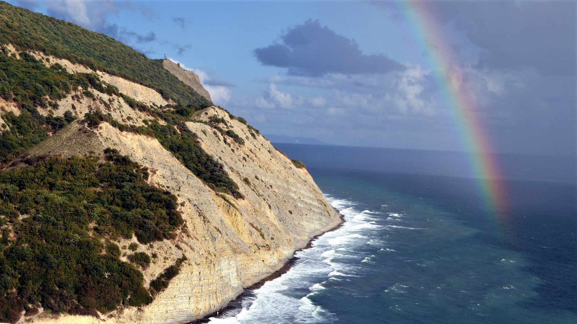 Free download wallpaper Sea, Rainbow, Horizon, Mountain, Ocean, Earth on your PC desktop