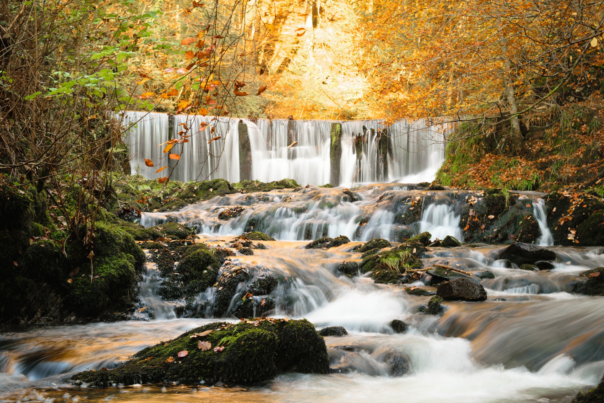 Download mobile wallpaper Nature, Waterfalls, Waterfall, Fall, Earth, Moss, River for free.