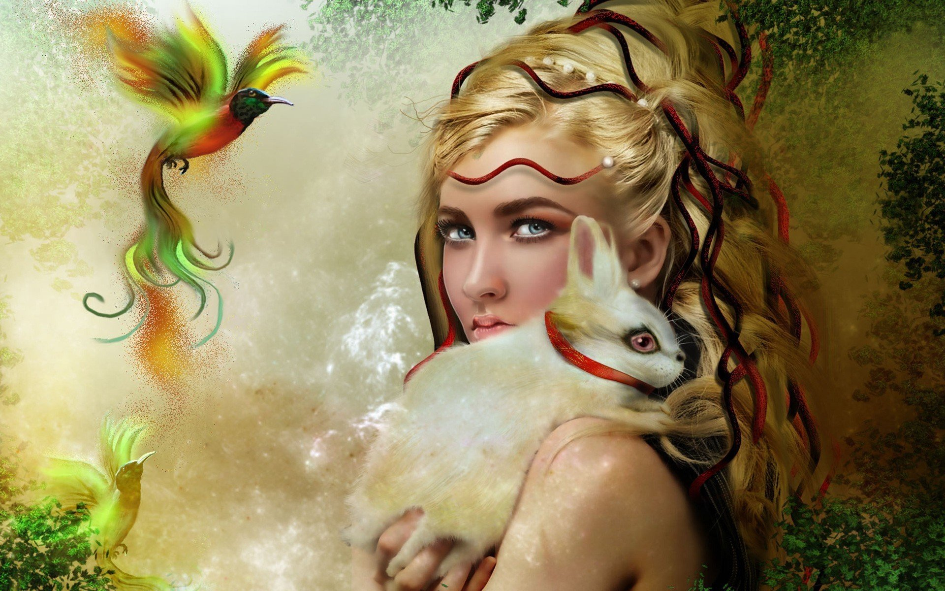 Free download wallpaper Fantasy, Bird, Blonde, Rabbit, Women, Blue Eyes on your PC desktop