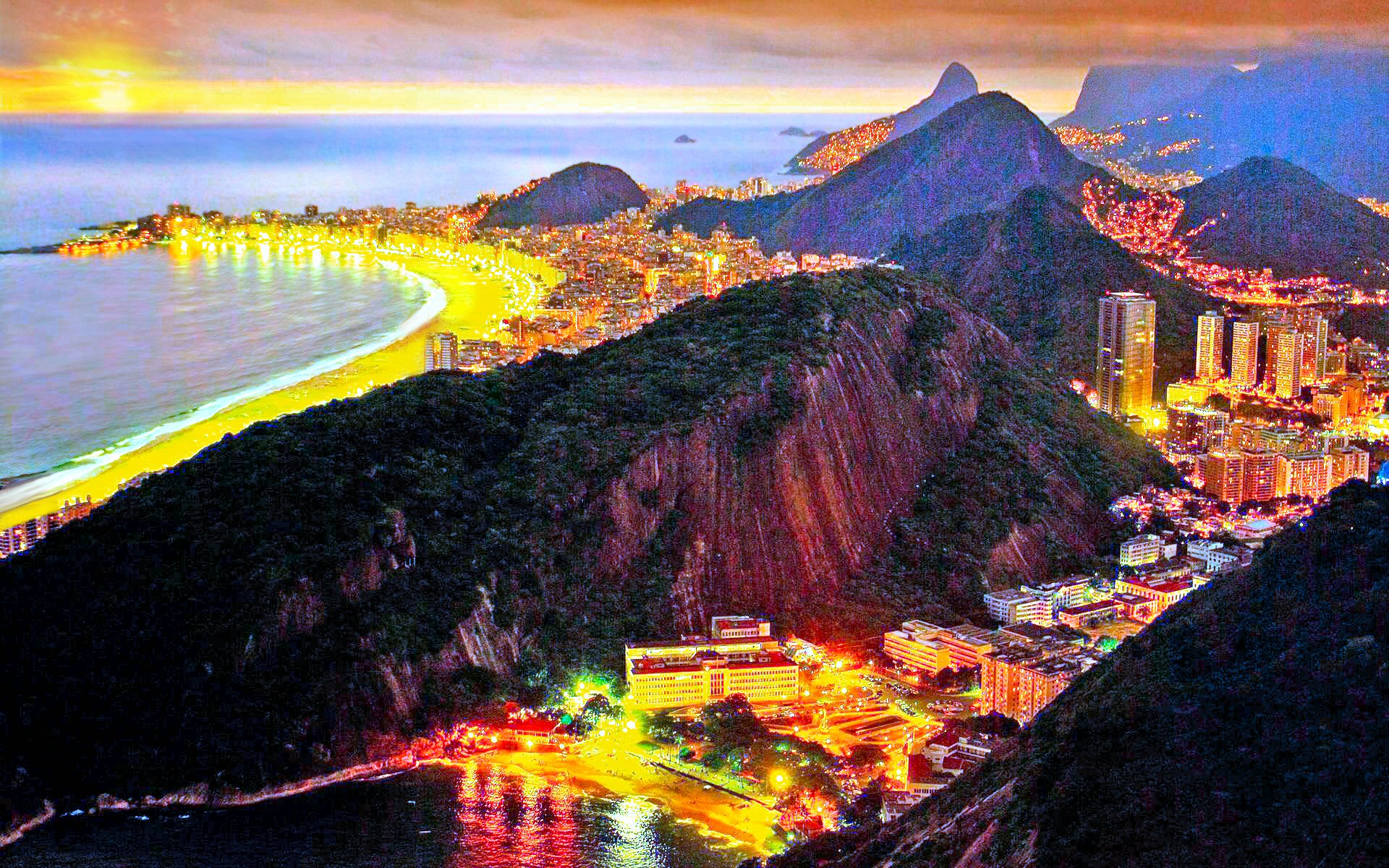 1490979 скачать картинку рио де жанейро, бразилия, фотографии, закат солнца, город, побережье, горизонт, гора - обои и заставки бесплатно