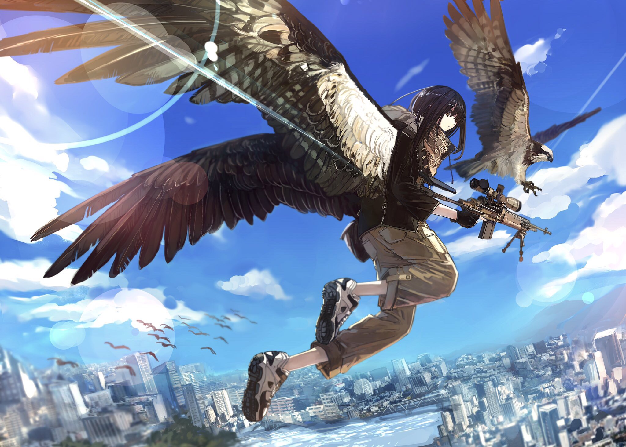 Free download wallpaper Anime, City, Bird, Wings, Original, Brown Eyes, Gun, Black Hair, Short Hair on your PC desktop