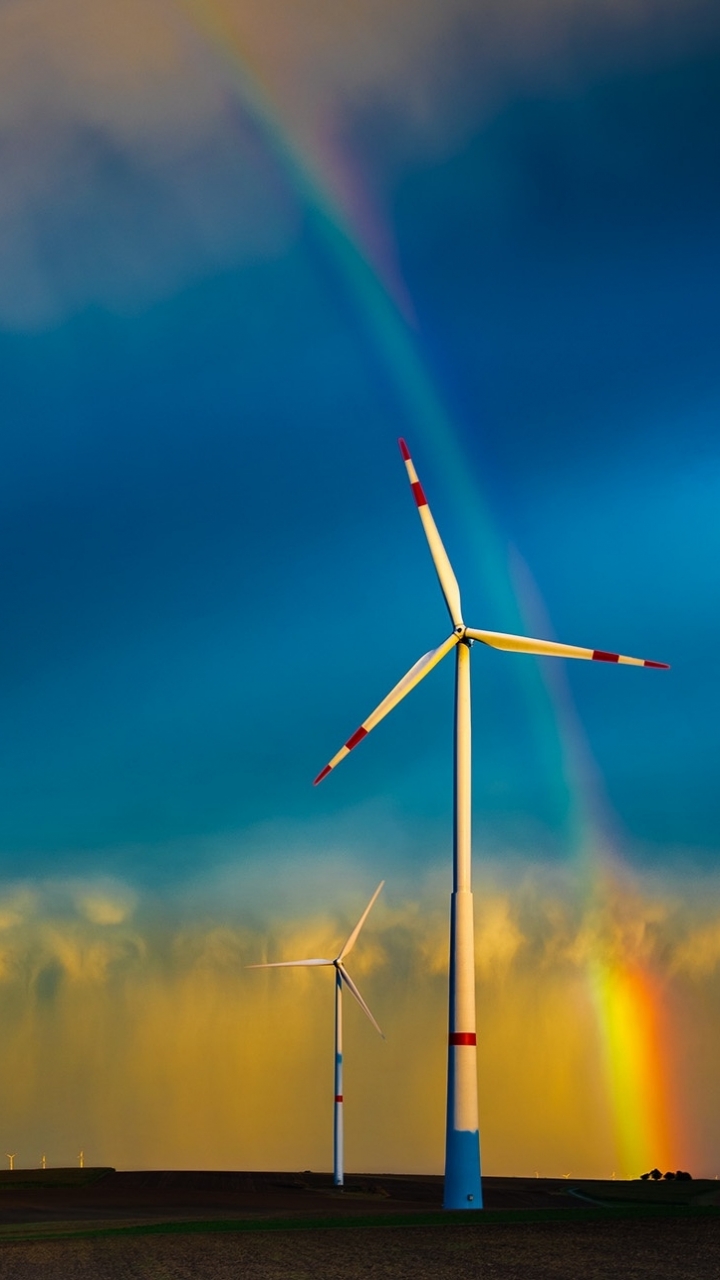 Download mobile wallpaper Landscape, Rainbow, Cloud, Wind Turbine, Man Made for free.
