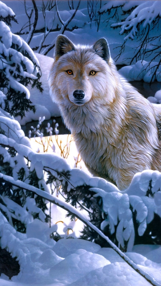 無料モバイル壁紙動物, オオカミ, 冬, 雪, 森, 狼, 白いオオカミをダウンロードします。