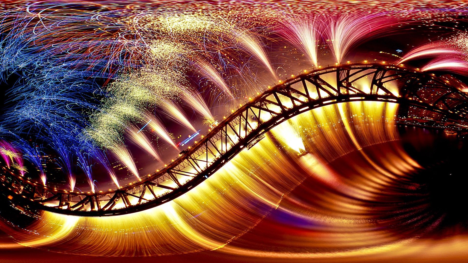 Free download wallpaper Multicolored, Motley, Bridge, Firework, Abstract, Salute, Fireworks on your PC desktop