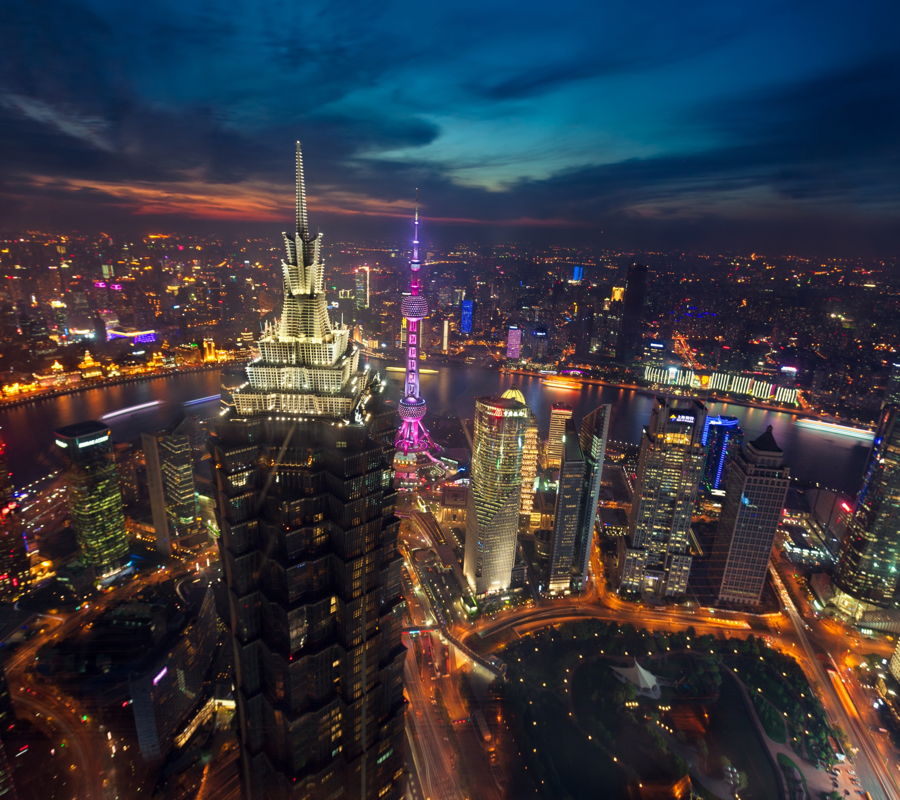 Скачать обои бесплатно Города, Ночь, Архитектура, Китай, Шанхай, Воздушный, Антенна, Сделано Человеком, Кита́й картинка на рабочий стол ПК