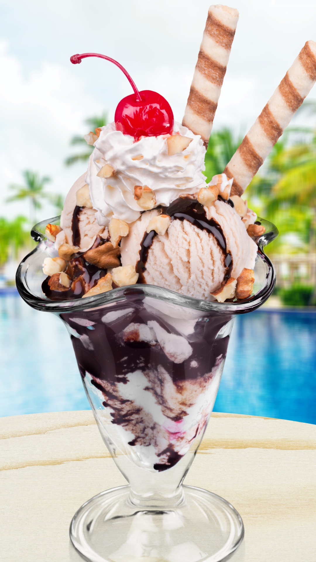 Download mobile wallpaper Food, Cherry, Summer, Ice Cream, Cream, Pool for free.