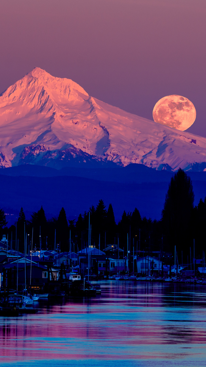 Download mobile wallpaper Mountains, Moon, Earth, Oregon, Mount Hood for free.