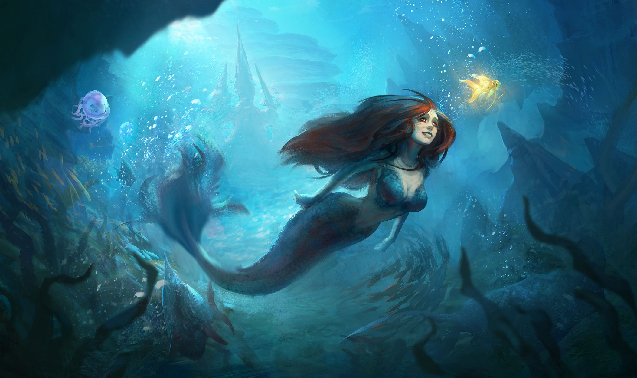 Free download wallpaper Fantasy, Fish, Underwater, Mermaid, Red Hair on your PC desktop