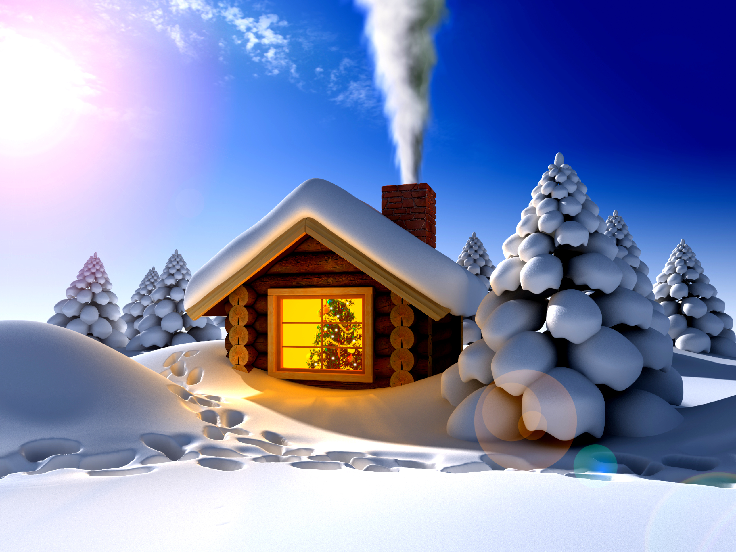 3d, christmas, holiday, cabin, smoke, snow, tree, window, winter