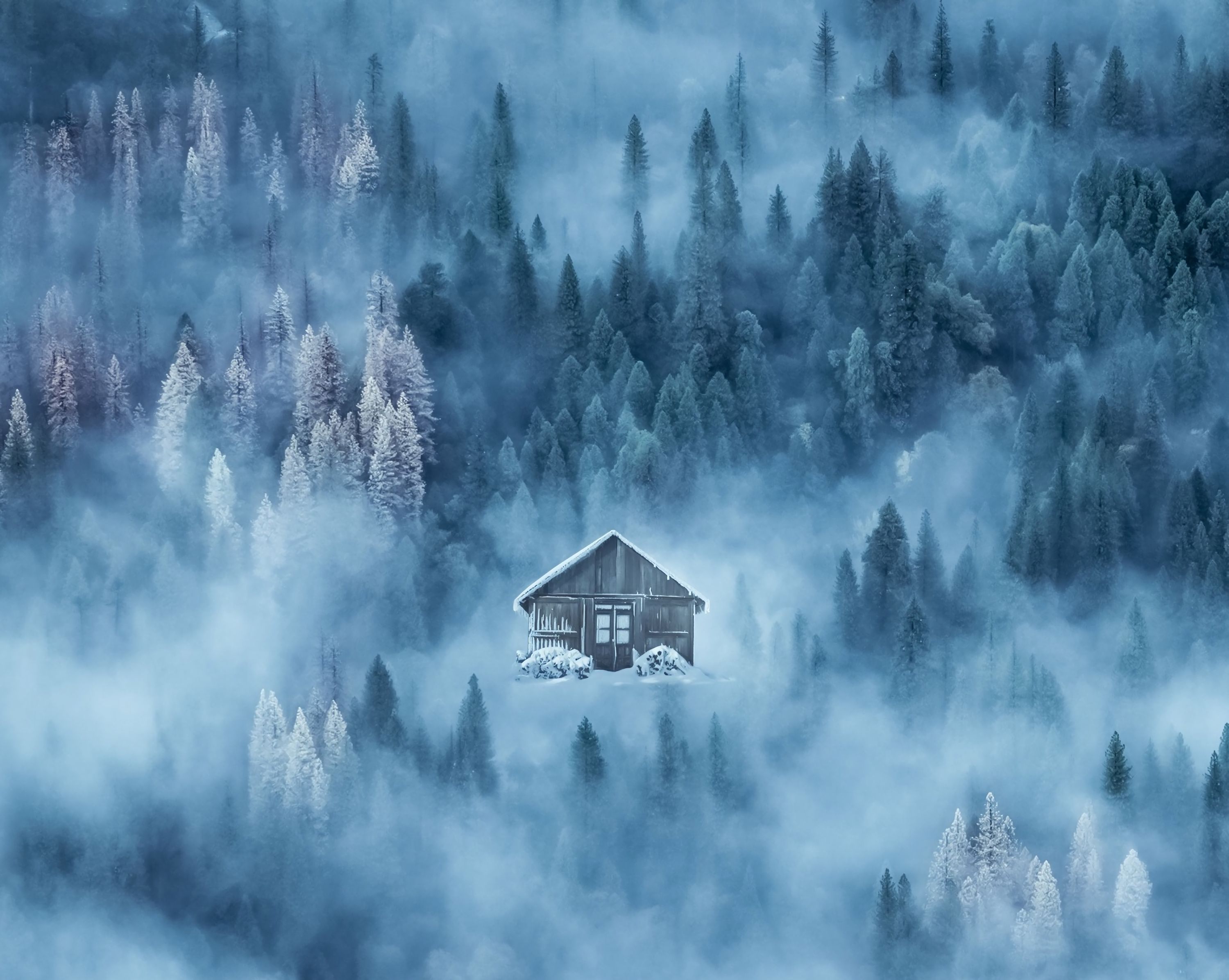 Téléchargez des papiers peints mobile Brouillard, Loger, Hiver, Forêt, Neige, Maison, Nature gratuitement.