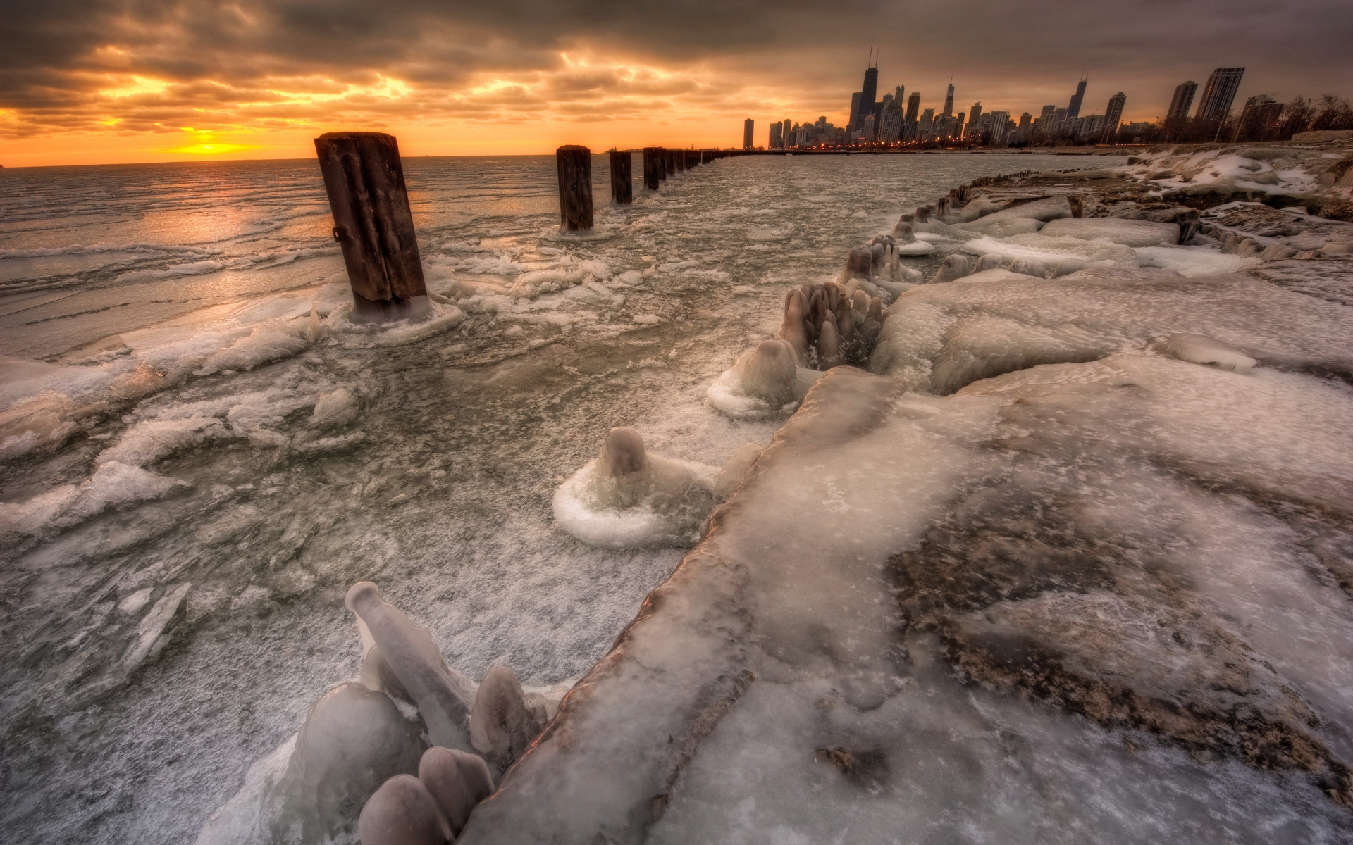 Download mobile wallpaper Cities, Winter, Sunset, Lake, Frozen, Chicago, Man Made for free.