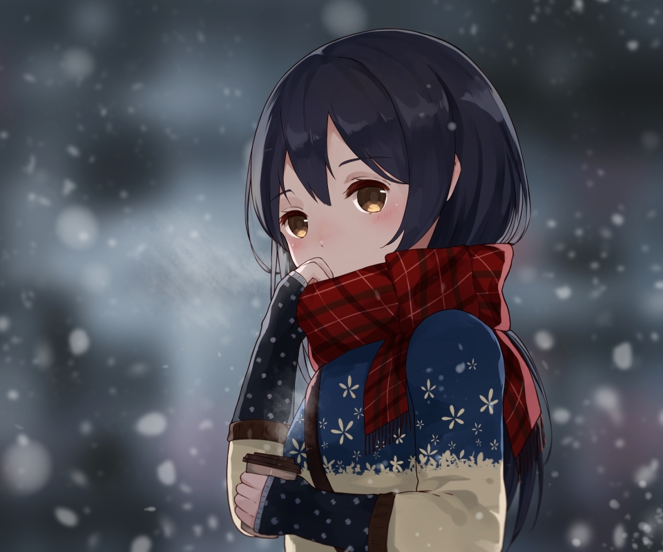 Download mobile wallpaper Anime, Winter, Coffee, Snowfall, Scarf, Blush, Brown Eyes, Long Hair, Purple Hair, Umi Sonoda, Love Live! for free.