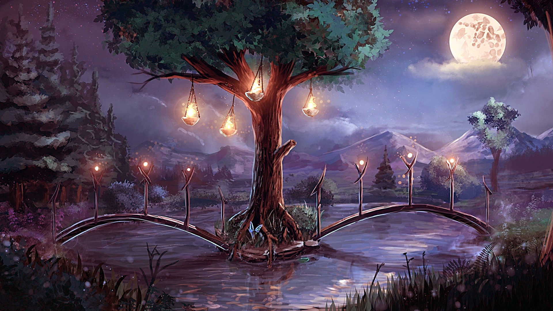 Free download wallpaper Landscape, Fantasy, Night, Moon, Tree, Full Moon on your PC desktop