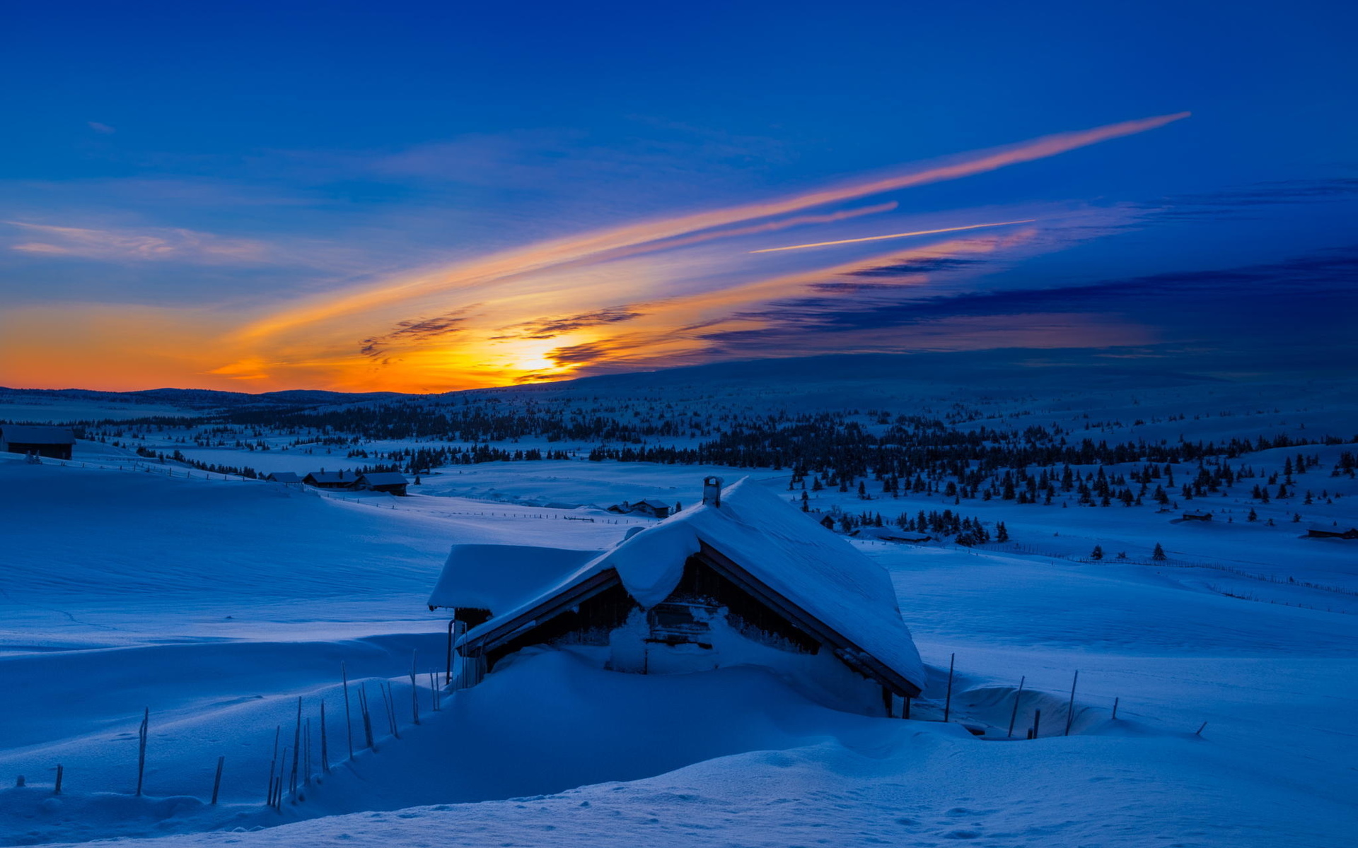 Free download wallpaper Landscape, Winter, Sunset, Snow, Photography, Cabin on your PC desktop