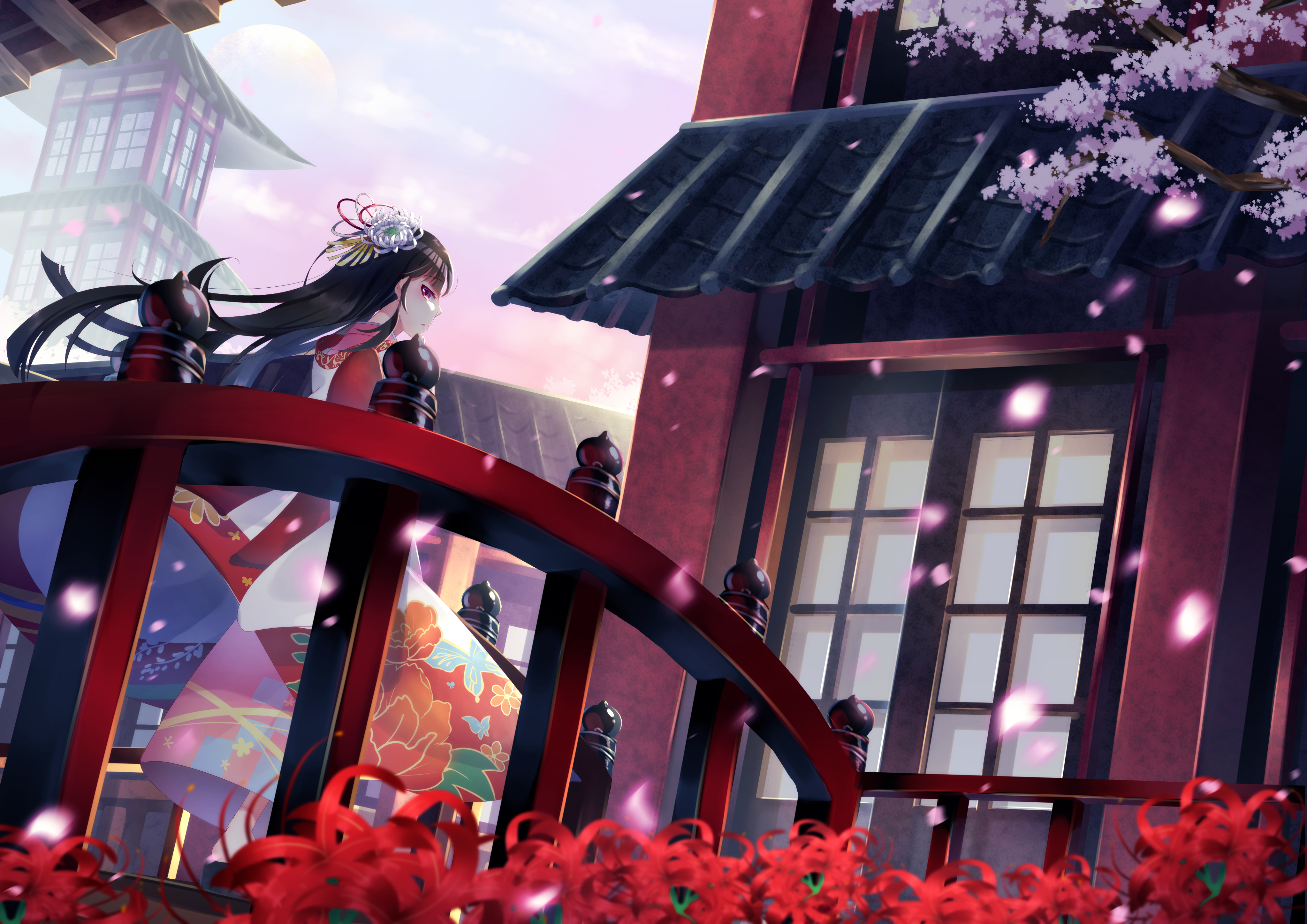 Download mobile wallpaper Anime, Flower, Kimono, Headdress, Original, Black Hair, Long Hair for free.
