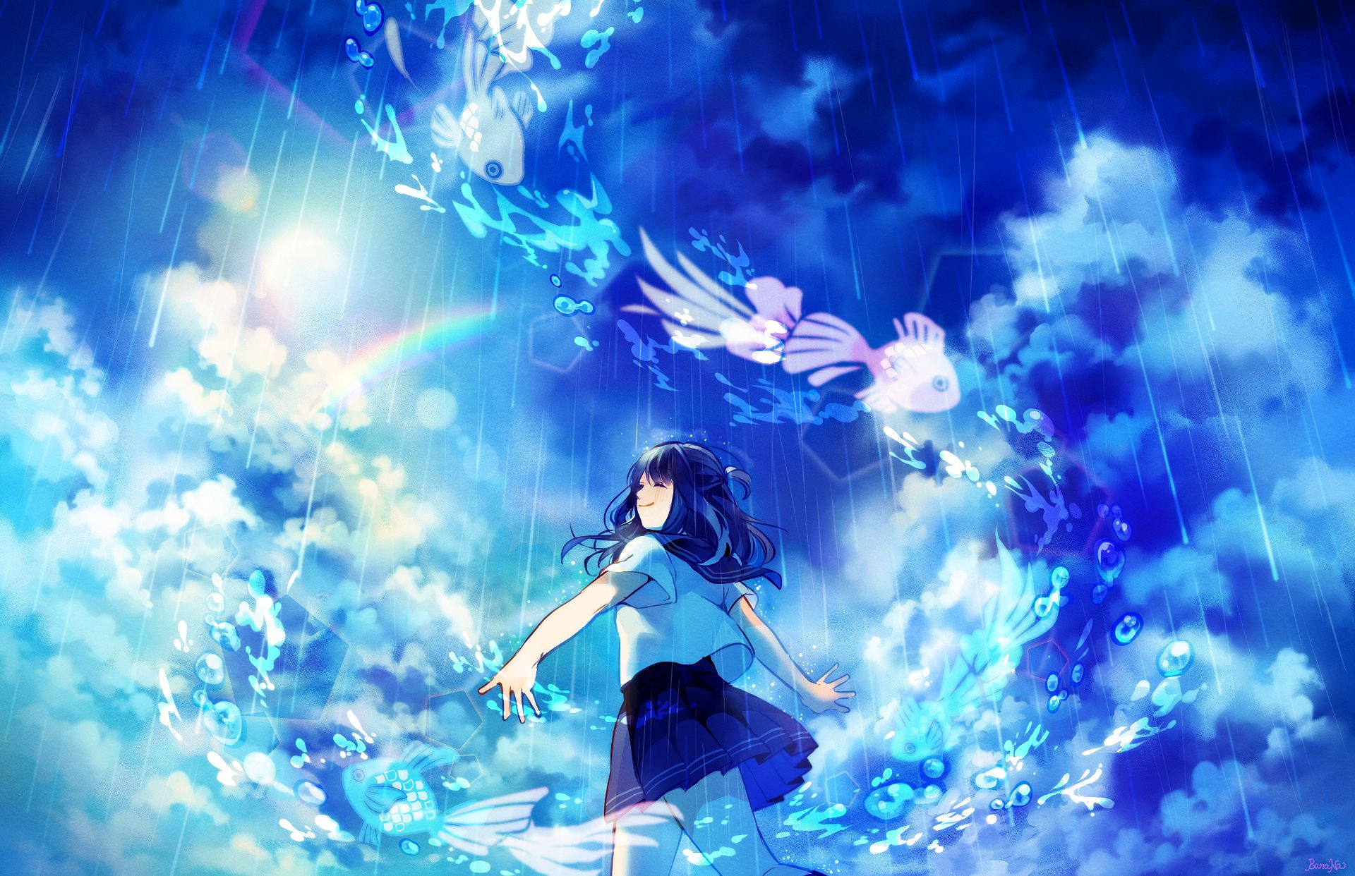 Free download wallpaper Anime, Water, Rainbow, Girl, Cloud, Fish, Bubble, School Uniform, Sunshine on your PC desktop